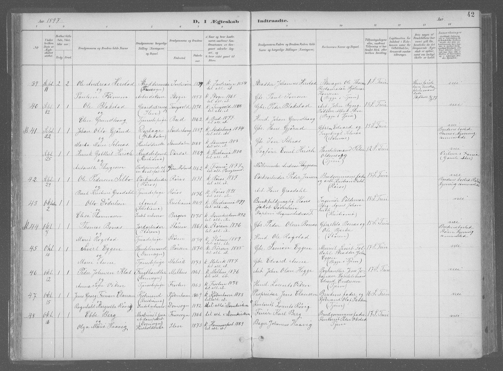 Ministerialprotokoller, klokkerbøker og fødselsregistre - Sør-Trøndelag, SAT/A-1456/601/L0064: Parish register (official) no. 601A31, 1891-1911, p. 42