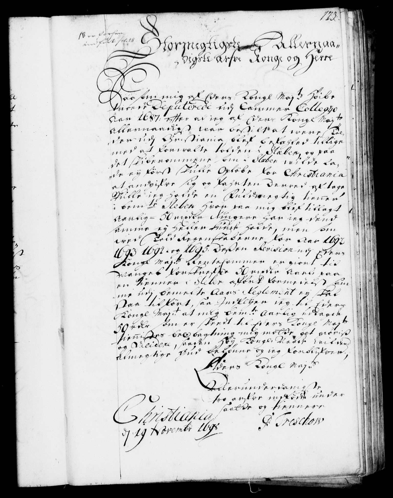 Rentekammeret, Kammerkanselliet, RA/EA-3111/G/Gf/Gfa/L0001: Resolusjonsprotokoll med register (merket RK 52.1), 1695-1706, p. 173