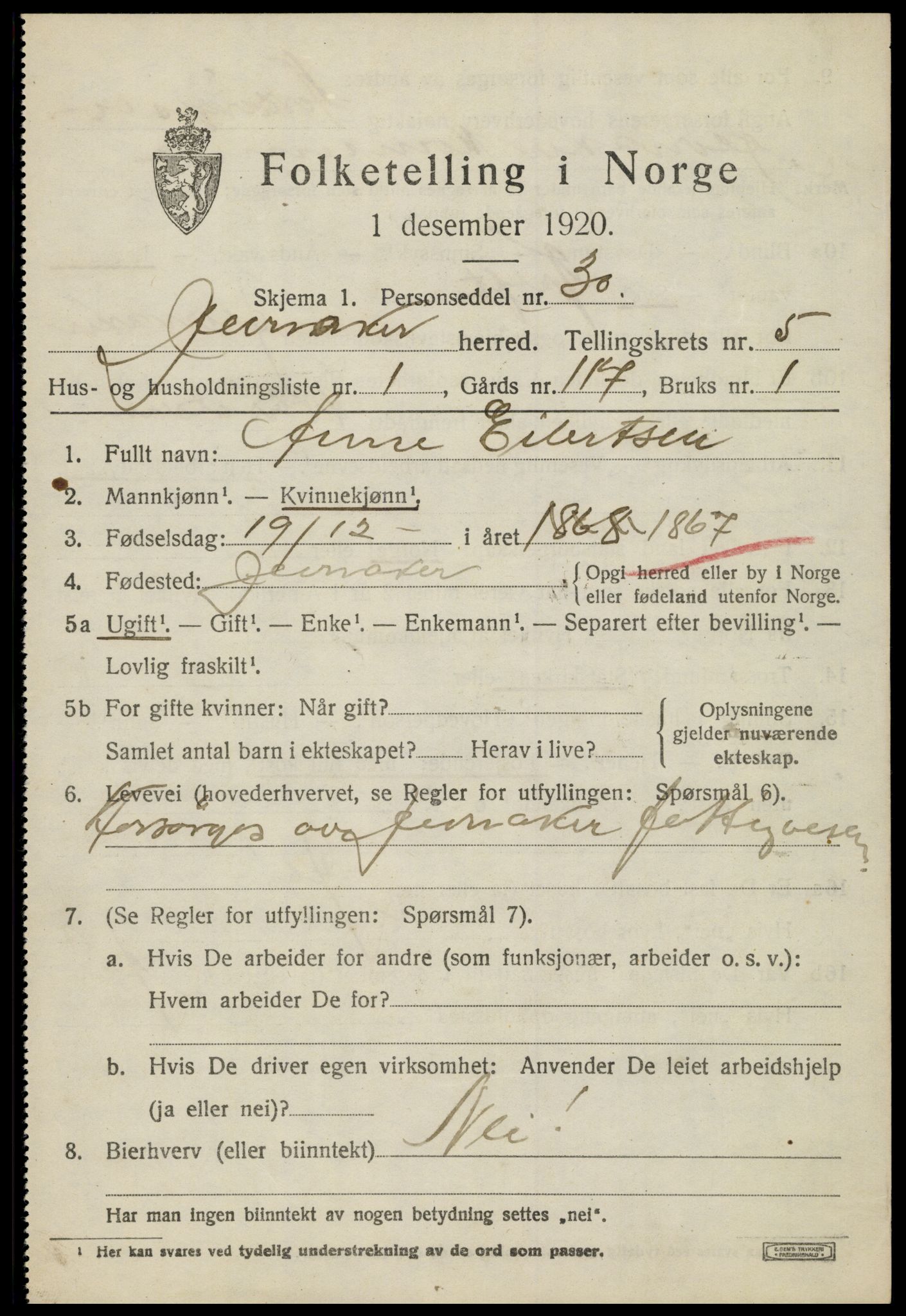 SAH, 1920 census for Jevnaker, 1920, p. 7829