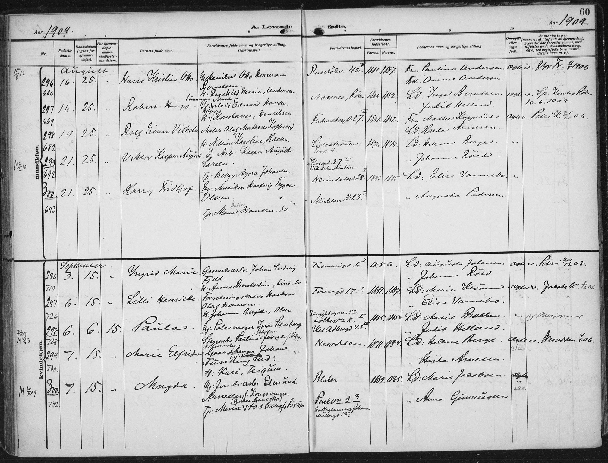 Rikshospitalet prestekontor Kirkebøker, SAO/A-10309b/F/L0014: Parish register (official) no. 14, 1909-1912, p. 60
