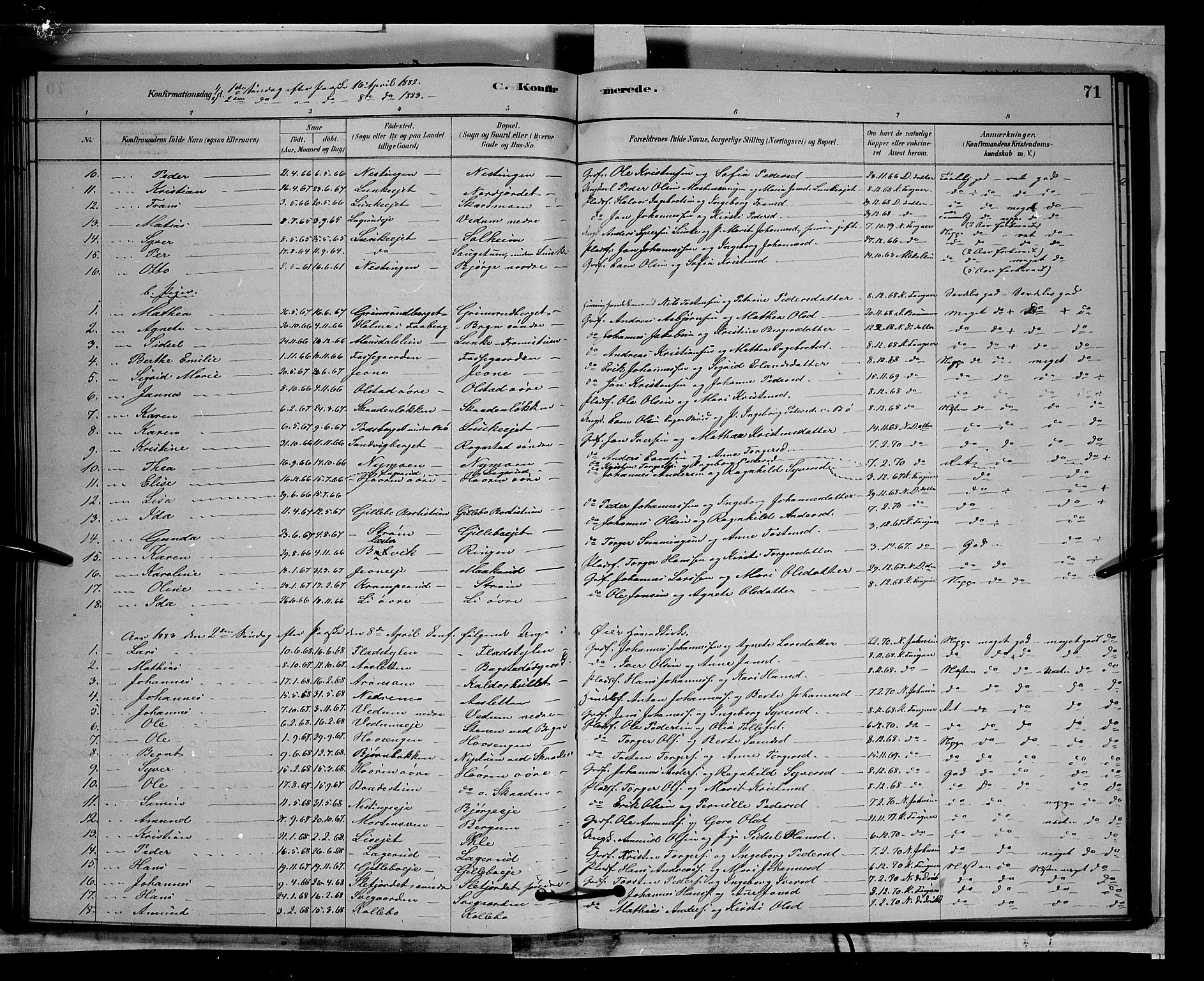 Øyer prestekontor, AV/SAH-PREST-084/H/Ha/Hab/L0002: Parish register (copy) no. 2, 1878-1896, p. 71