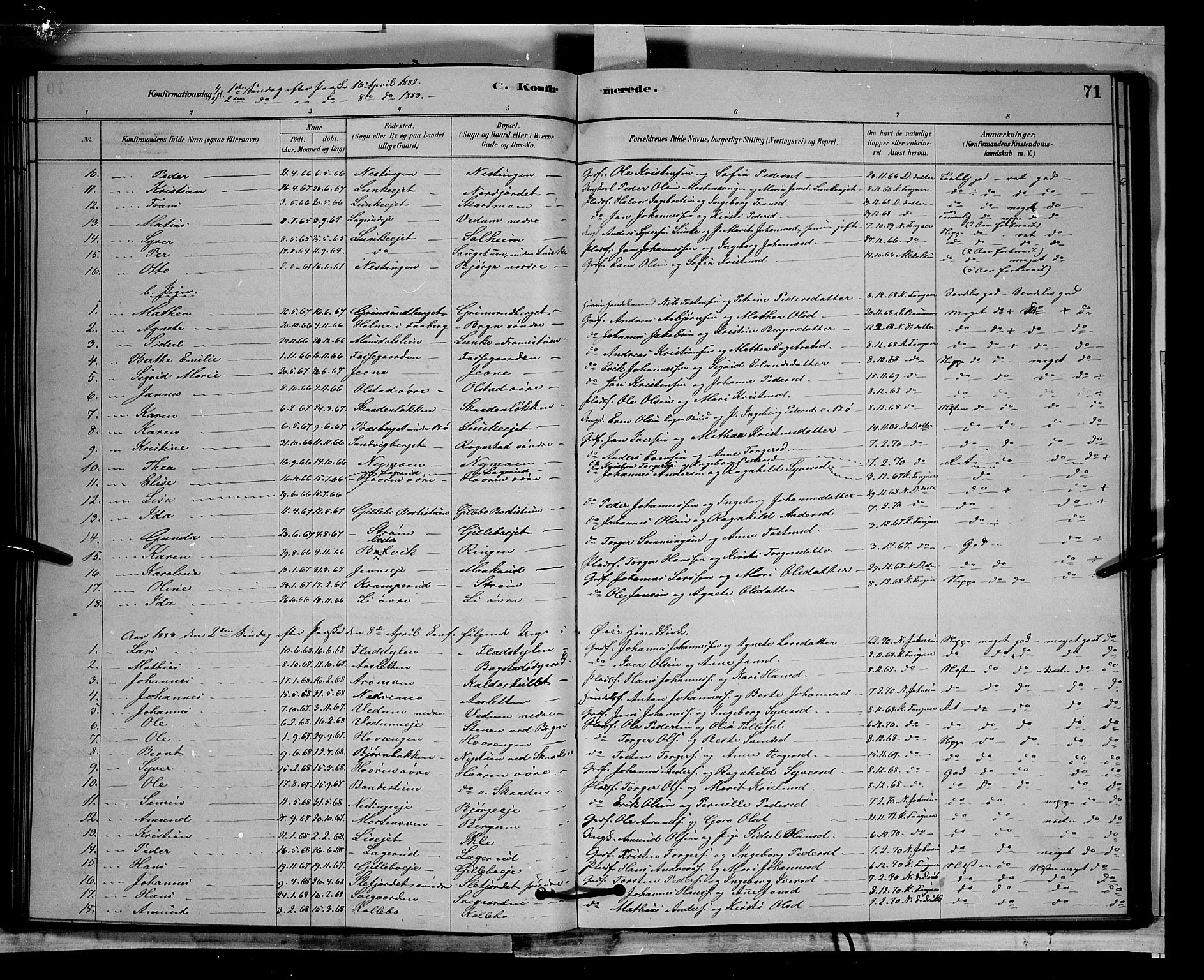 Øyer prestekontor, SAH/PREST-084/H/Ha/Hab/L0002: Parish register (copy) no. 2, 1878-1896, p. 71