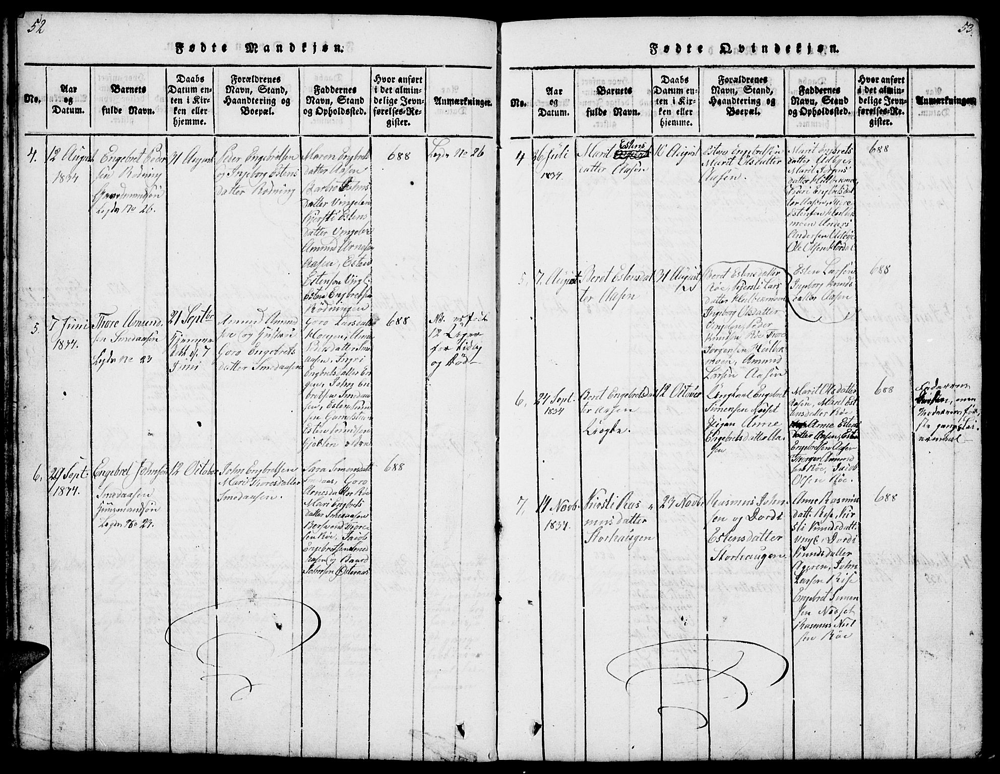 Tolga prestekontor, SAH/PREST-062/L/L0003: Parish register (copy) no. 3, 1815-1862, p. 52-53