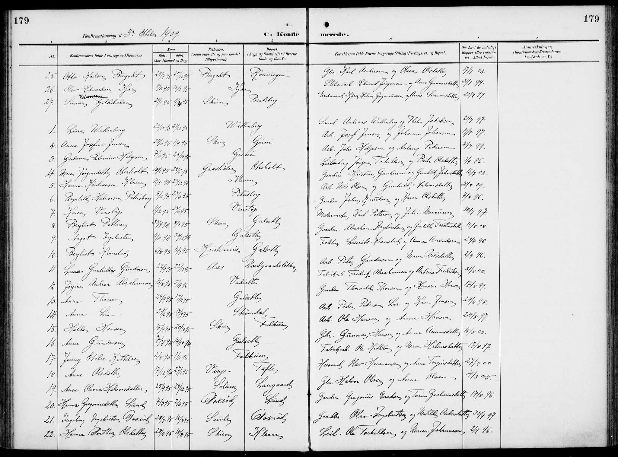 Gjerpen kirkebøker, AV/SAKO-A-265/F/Fa/L0012: Parish register (official) no. I 12, 1905-1913, p. 179