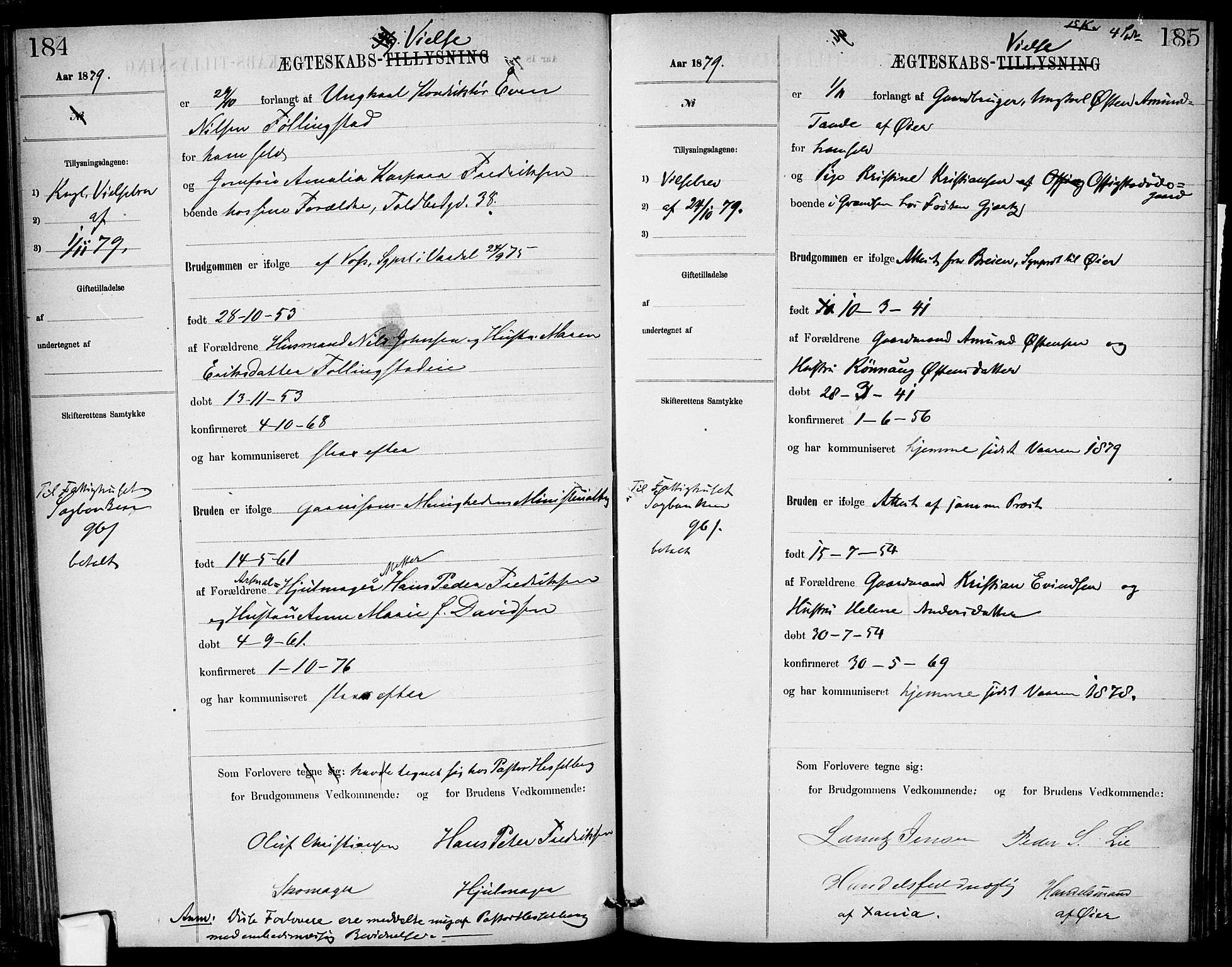 Garnisonsmenigheten Kirkebøker, AV/SAO-A-10846/H/Ha/L0007: Banns register no. I 7, 1872-1893, p. 184-185