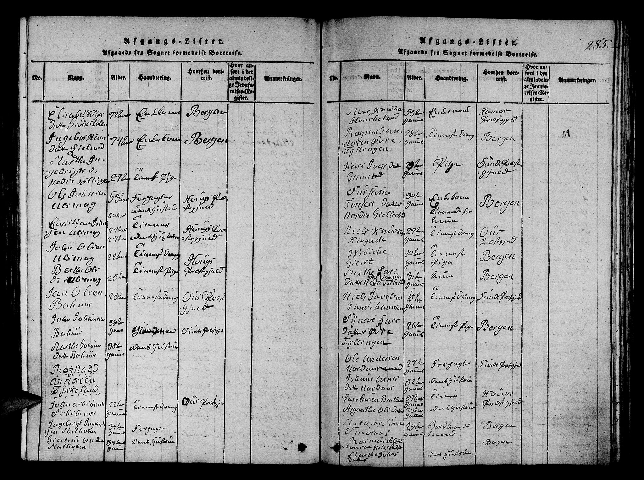 Fana Sokneprestembete, AV/SAB-A-75101/H/Hab/Haba/L0001: Parish register (copy) no. A 1, 1816-1836, p. 285