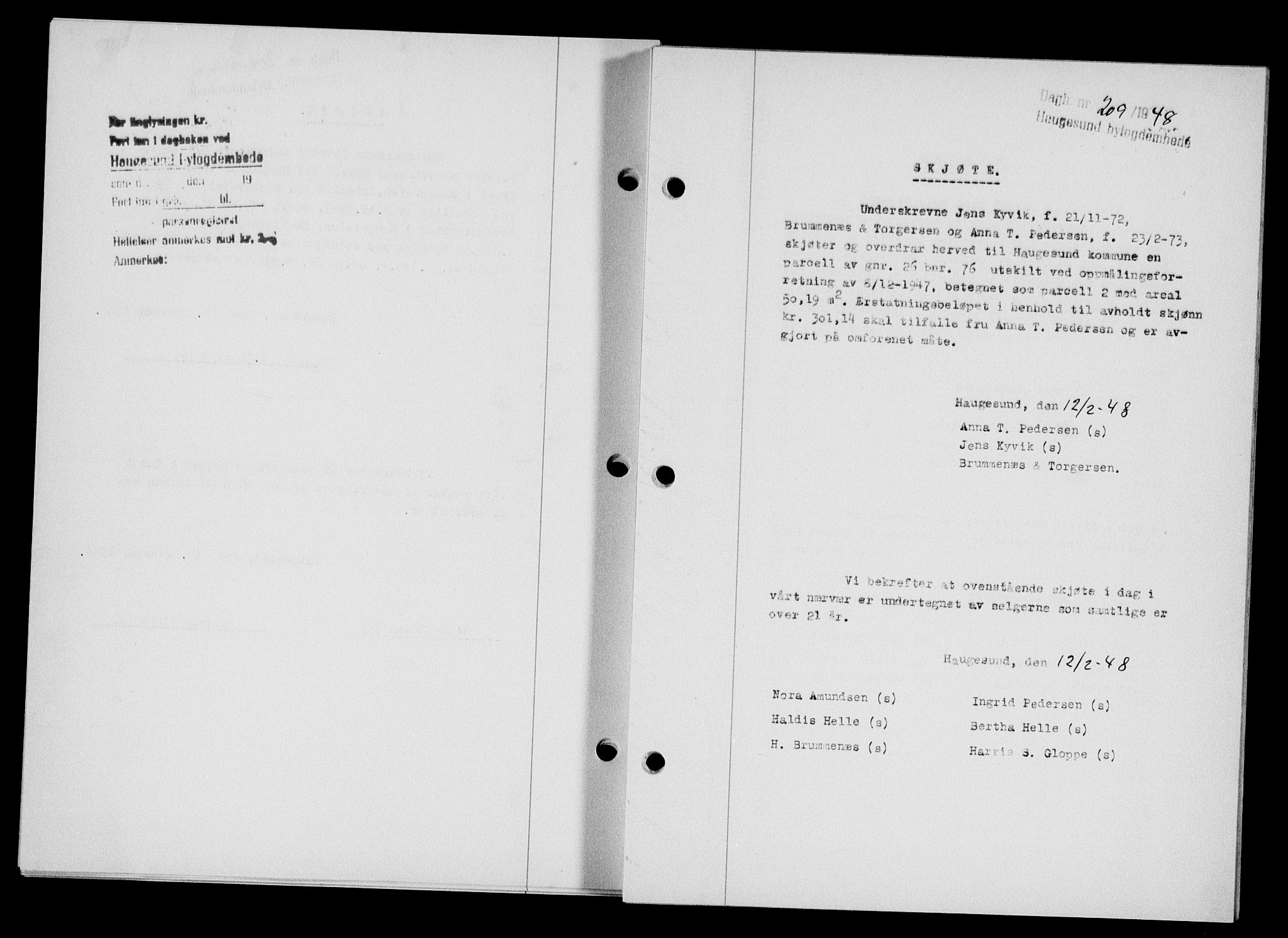 Haugesund tingrett, SAST/A-101415/01/II/IIC/L0063: Mortgage book no. A 4, 1946-1948, Diary no: : 209/1948