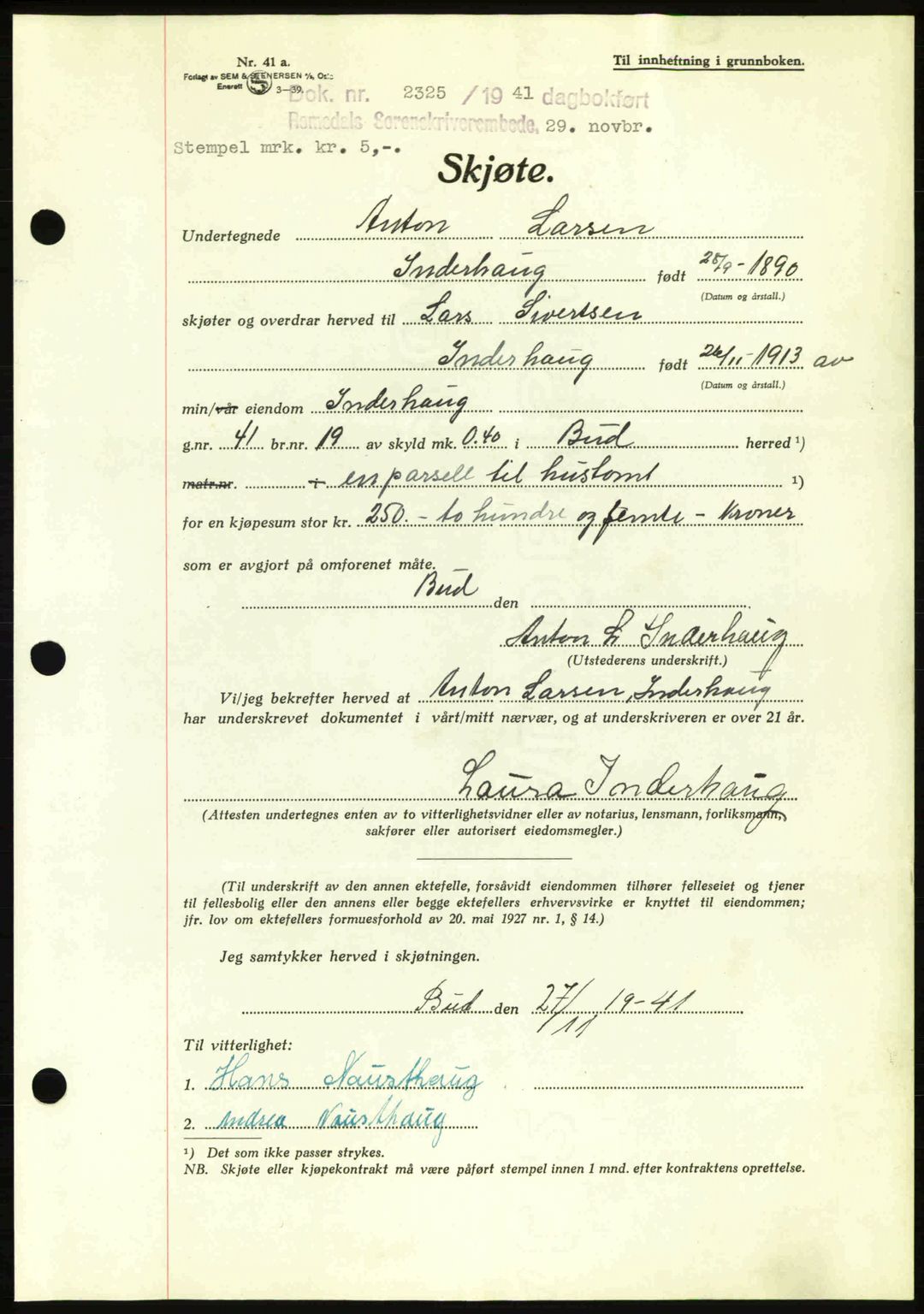 Romsdal sorenskriveri, AV/SAT-A-4149/1/2/2C: Mortgage book no. A11, 1941-1942, Diary no: : 2325/1941