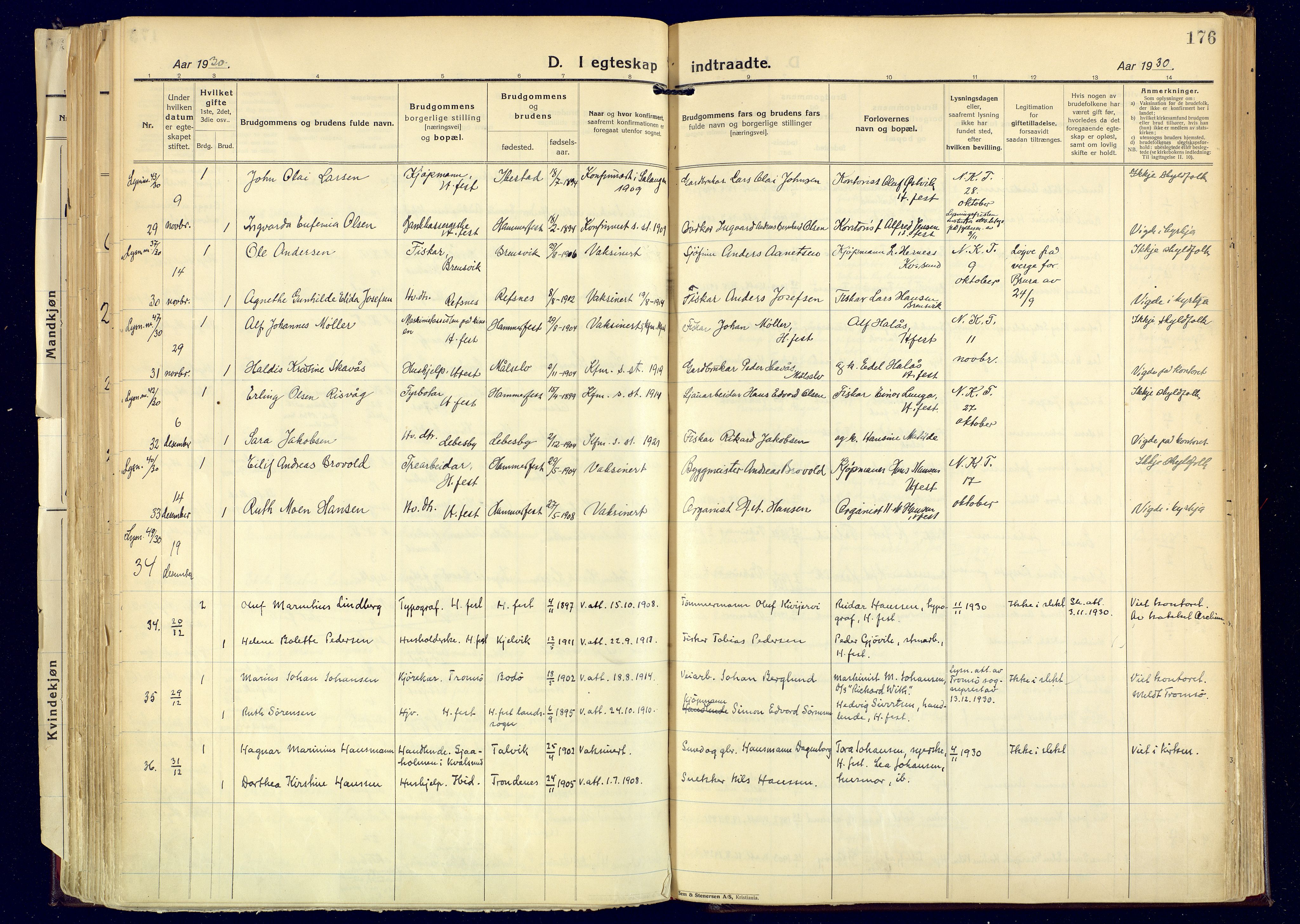 Hammerfest sokneprestkontor, AV/SATØ-S-1347/H/Ha/L0017.kirke: Parish register (official) no. 17, 1923-1933, p. 176