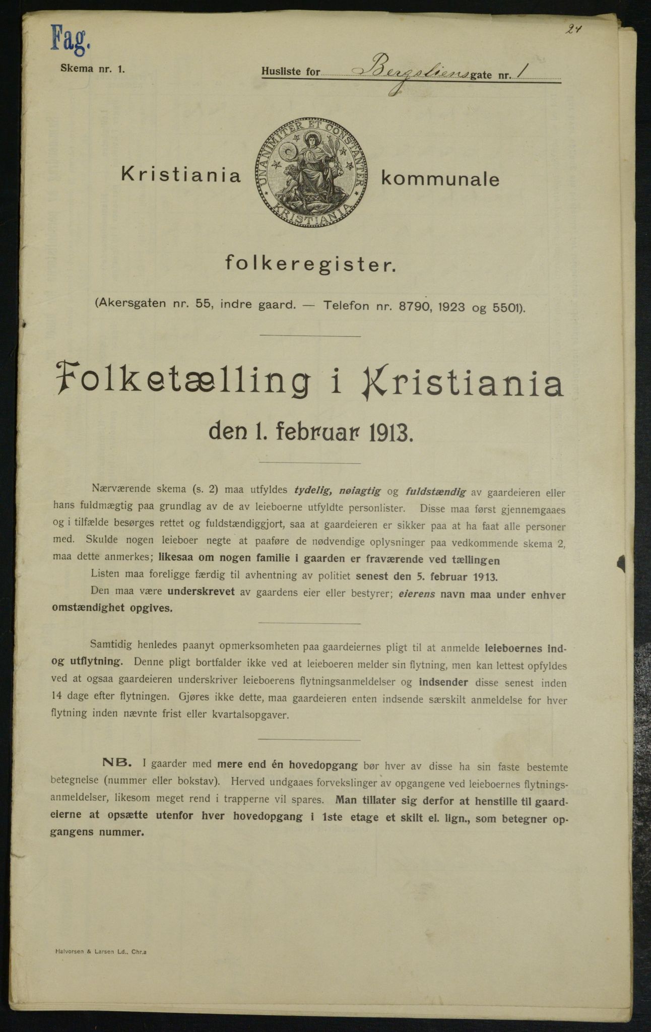 OBA, Municipal Census 1913 for Kristiania, 1913, p. 3855