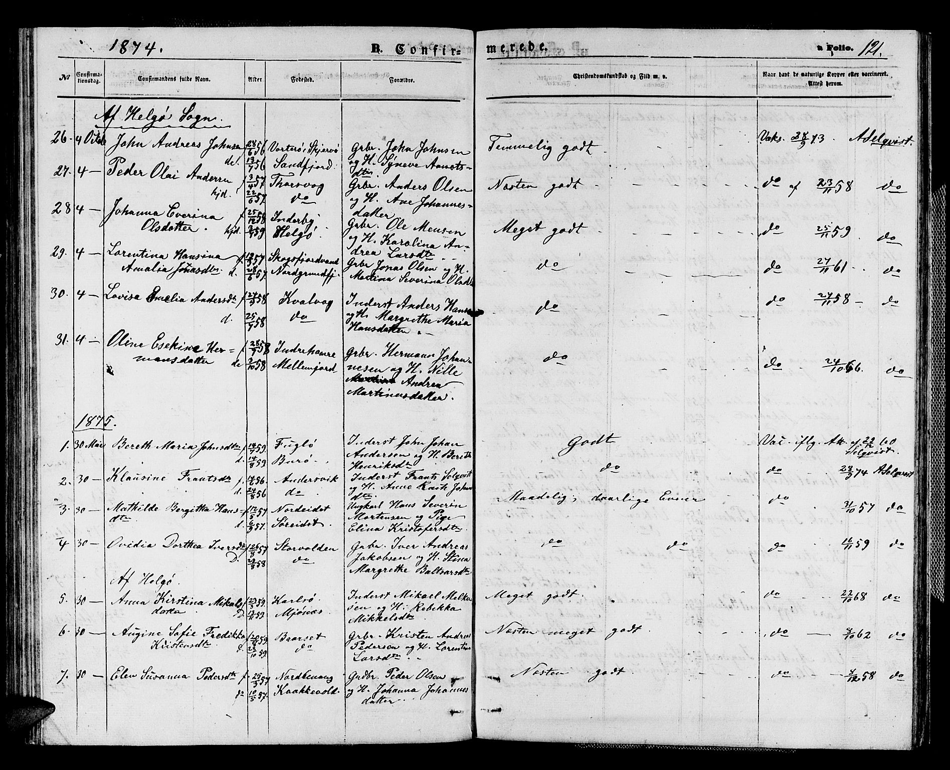 Karlsøy sokneprestembete, AV/SATØ-S-1299/H/Ha/Hab/L0003klokker: Parish register (copy) no. 3, 1862-1877, p. 121