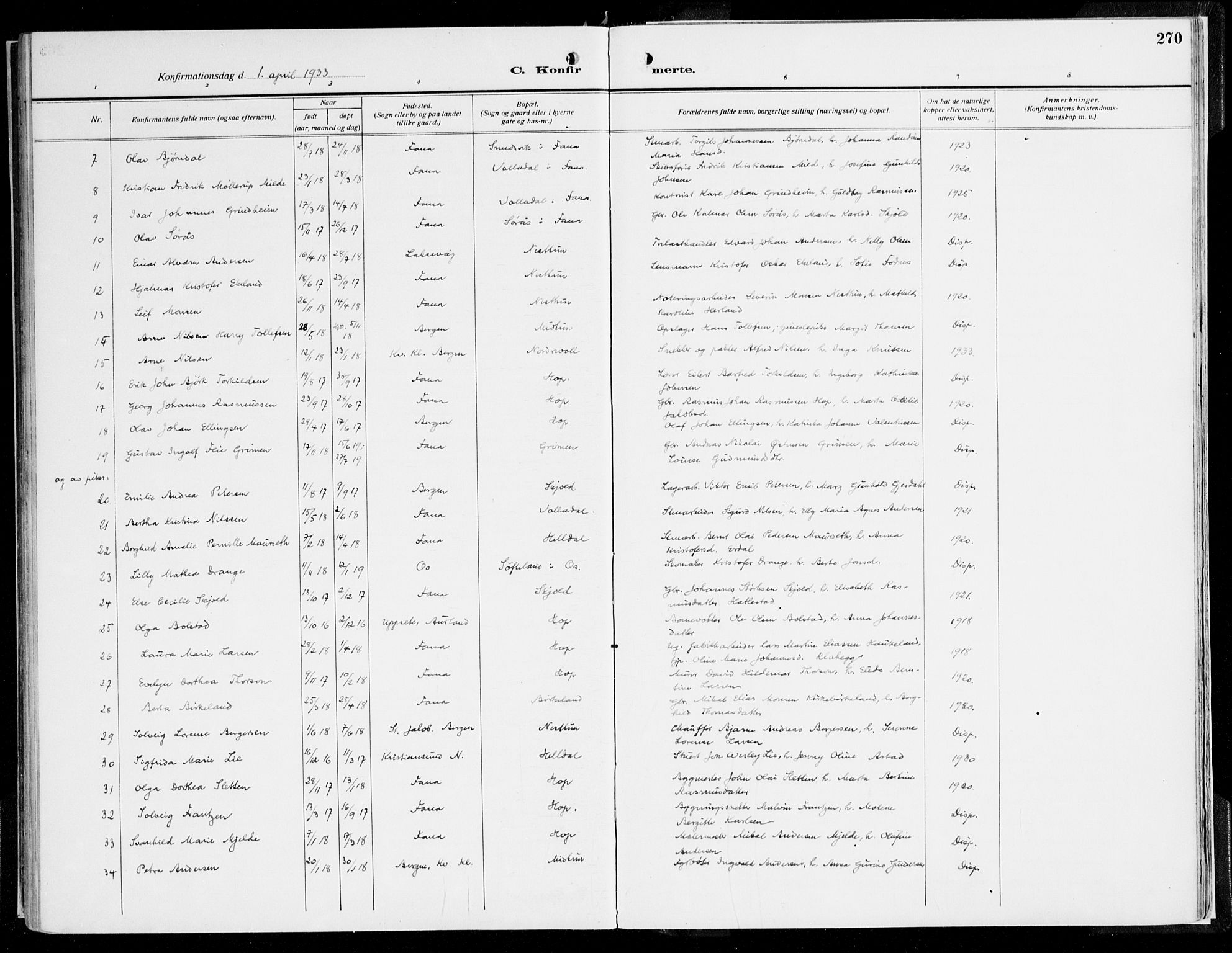 Fana Sokneprestembete, AV/SAB-A-75101/H/Haa/Haaj/L0001: Parish register (official) no. J 1, 1921-1935, p. 270