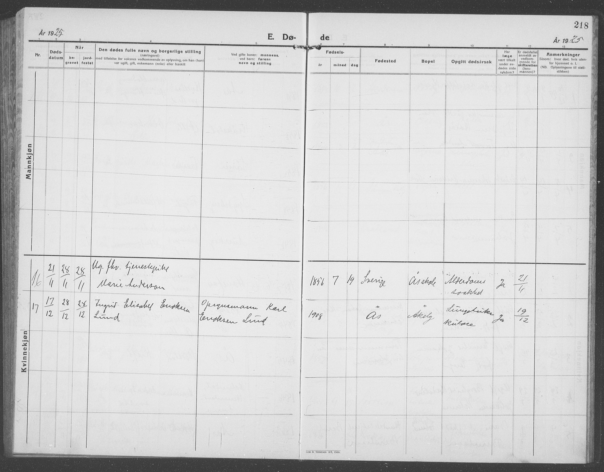 Ås prestekontor Kirkebøker, AV/SAO-A-10894/G/Ga/L0006: Parish register (copy) no. I 6, 1925-1940, p. 218