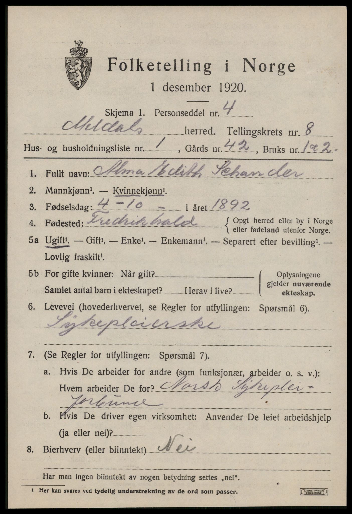 SAT, 1920 census for Meldal, 1920, p. 7409