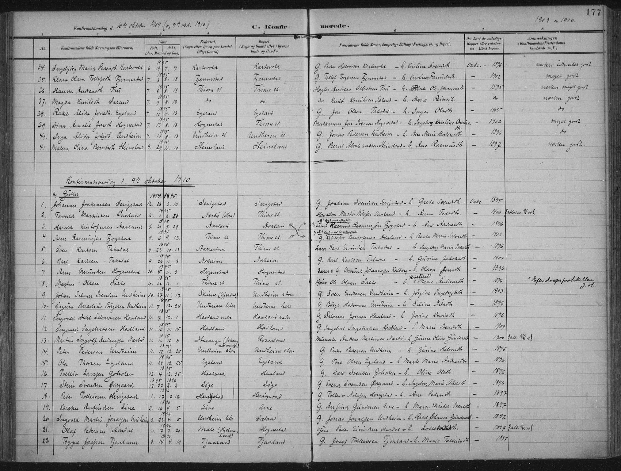 Lye sokneprestkontor, SAST/A-101794/002/A/L0001: Parish register (official) no. A 12, 1904-1920, p. 177