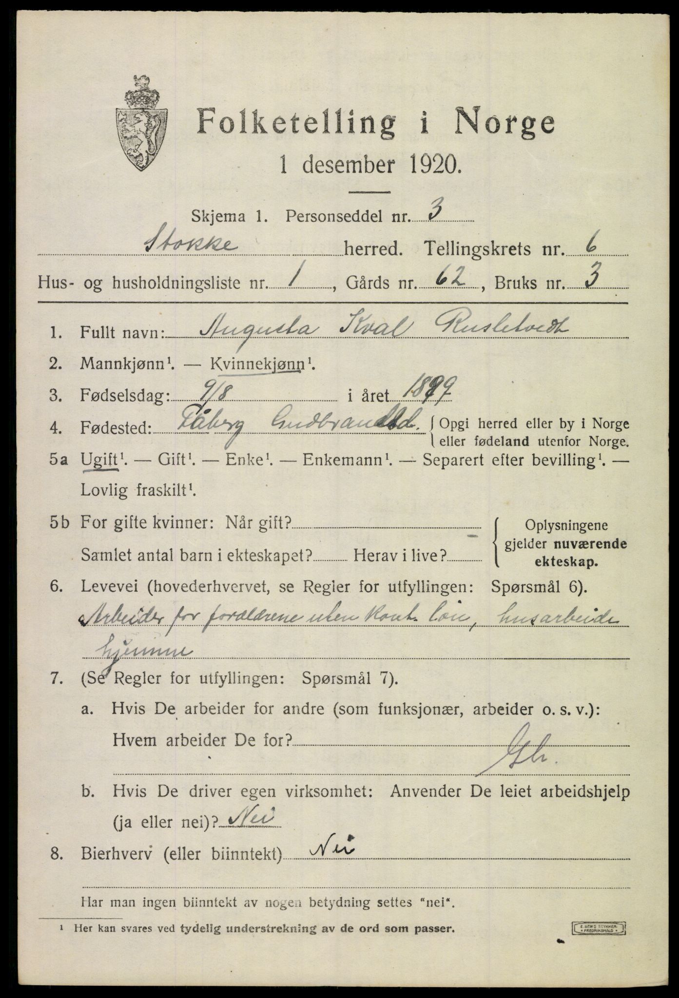 SAKO, 1920 census for Stokke, 1920, p. 7240