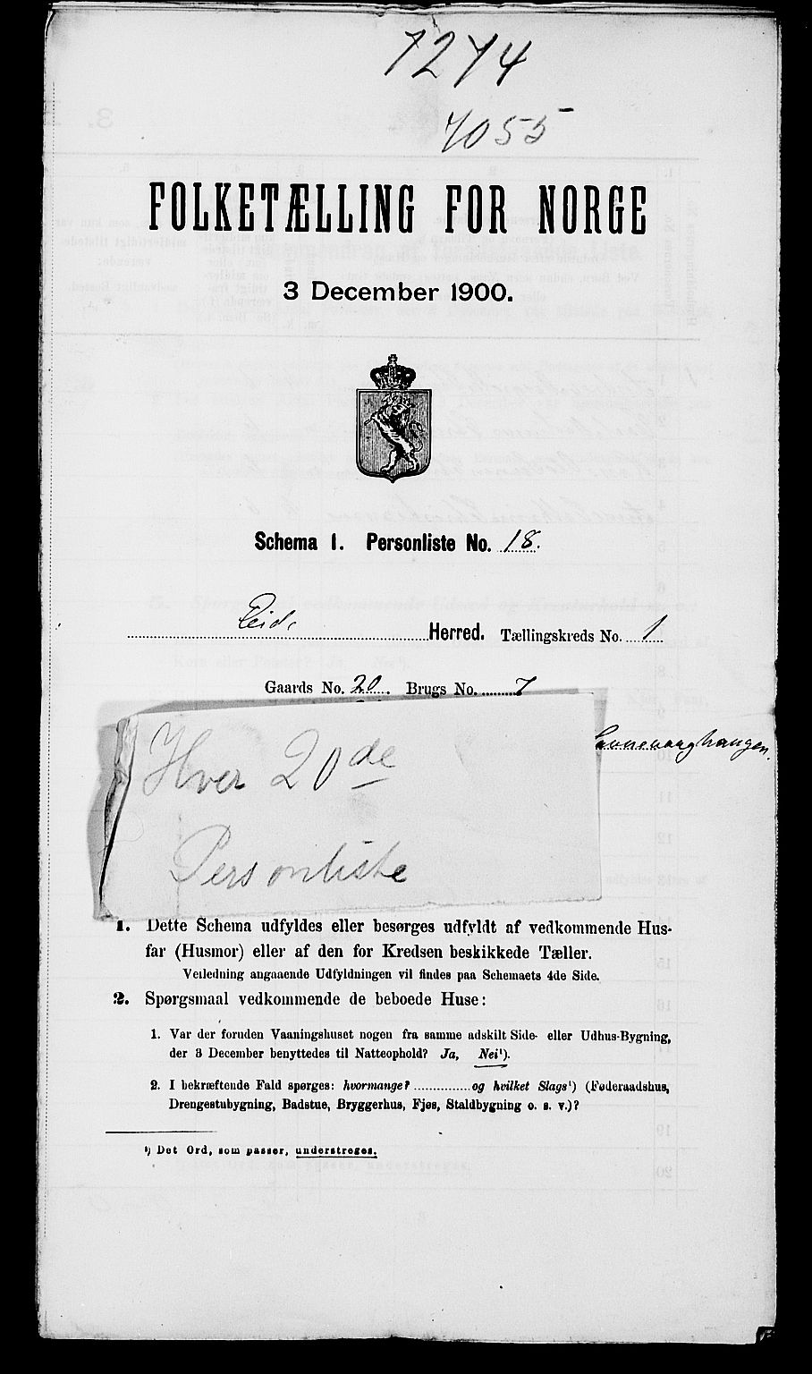 SAK, 1900 census for Eide, 1900, p. 19