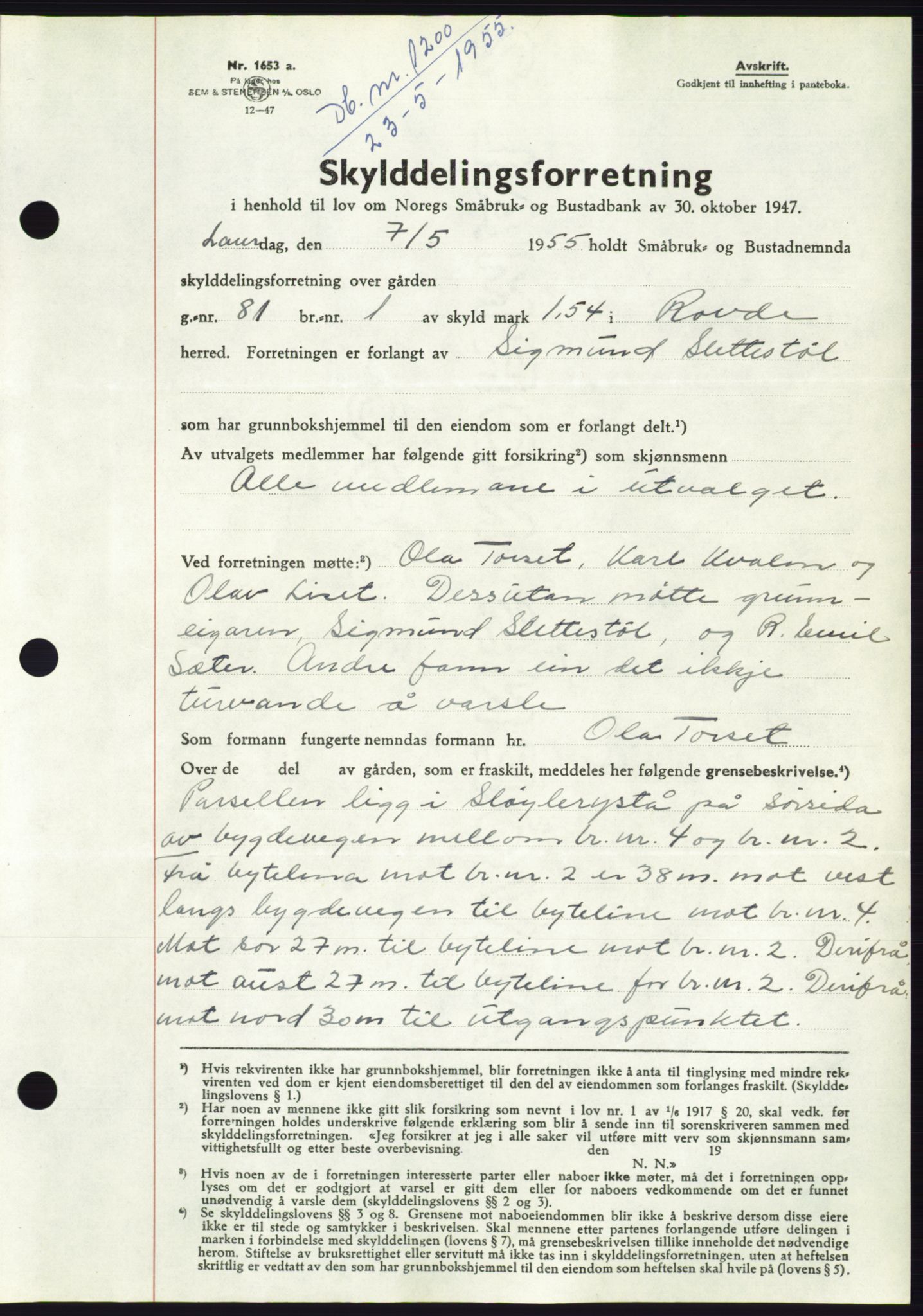 Søre Sunnmøre sorenskriveri, AV/SAT-A-4122/1/2/2C/L0101: Mortgage book no. 27A, 1955-1955, Diary no: : 1200/1955