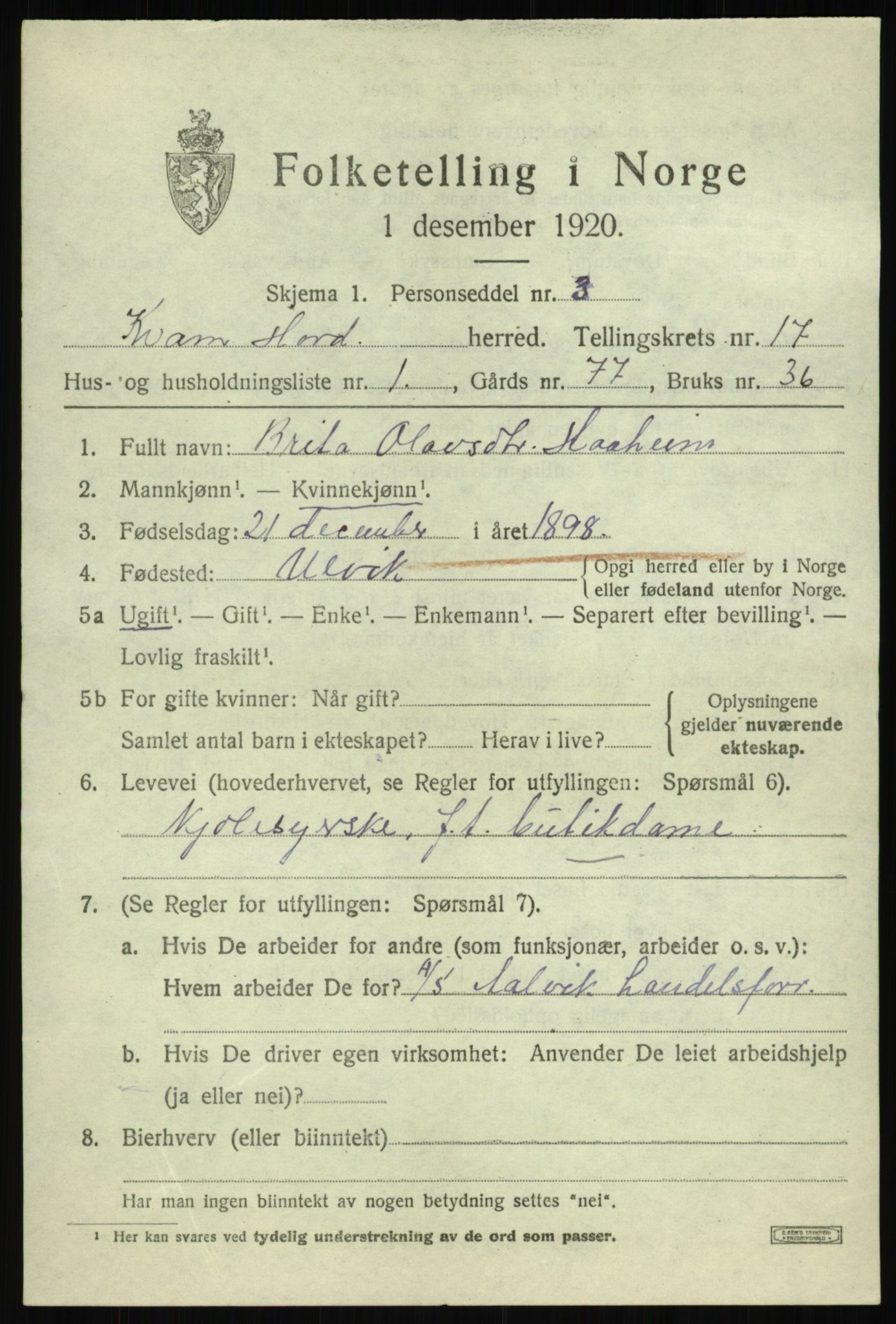 SAB, 1920 census for Kvam, 1920, p. 9203