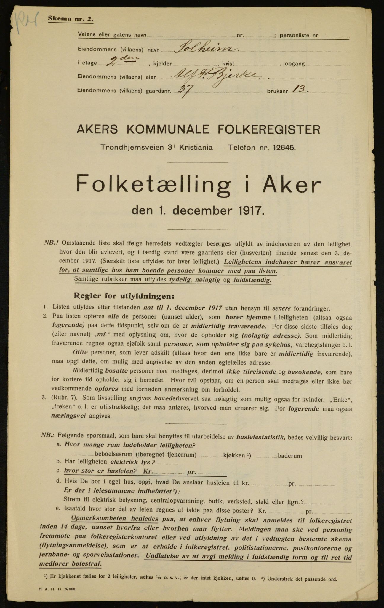 OBA, Municipal Census 1917 for Aker, 1917, p. 9587