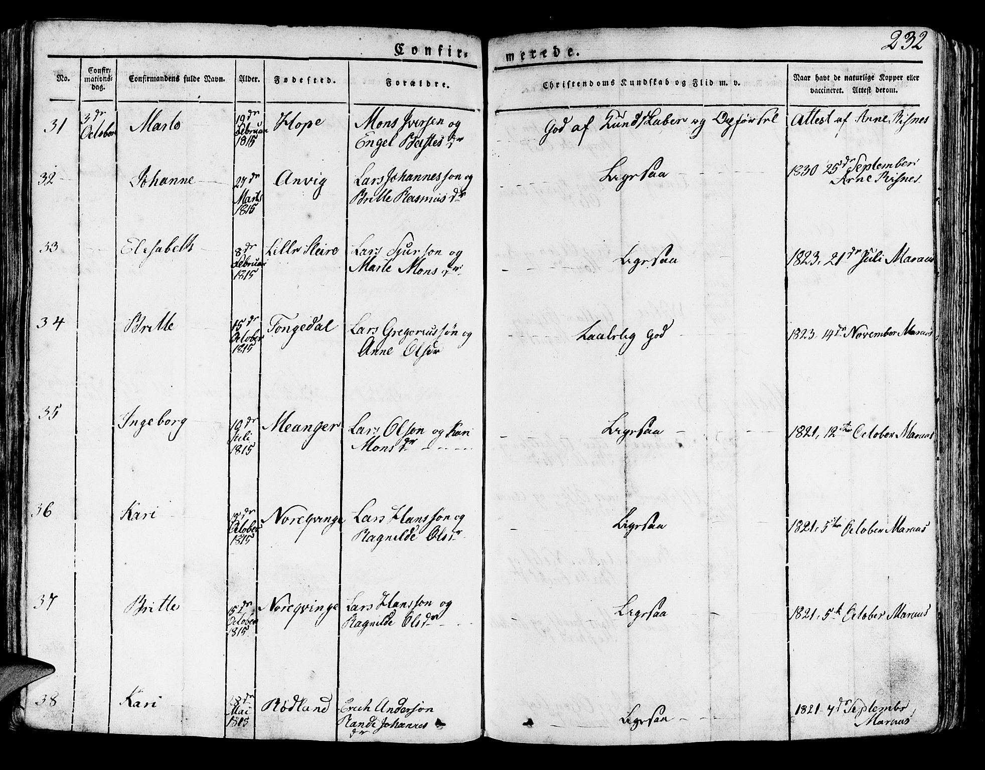 Lindås Sokneprestembete, AV/SAB-A-76701/H/Haa/Haaa/L0008: Parish register (official) no. A 8, 1823-1836, p. 232