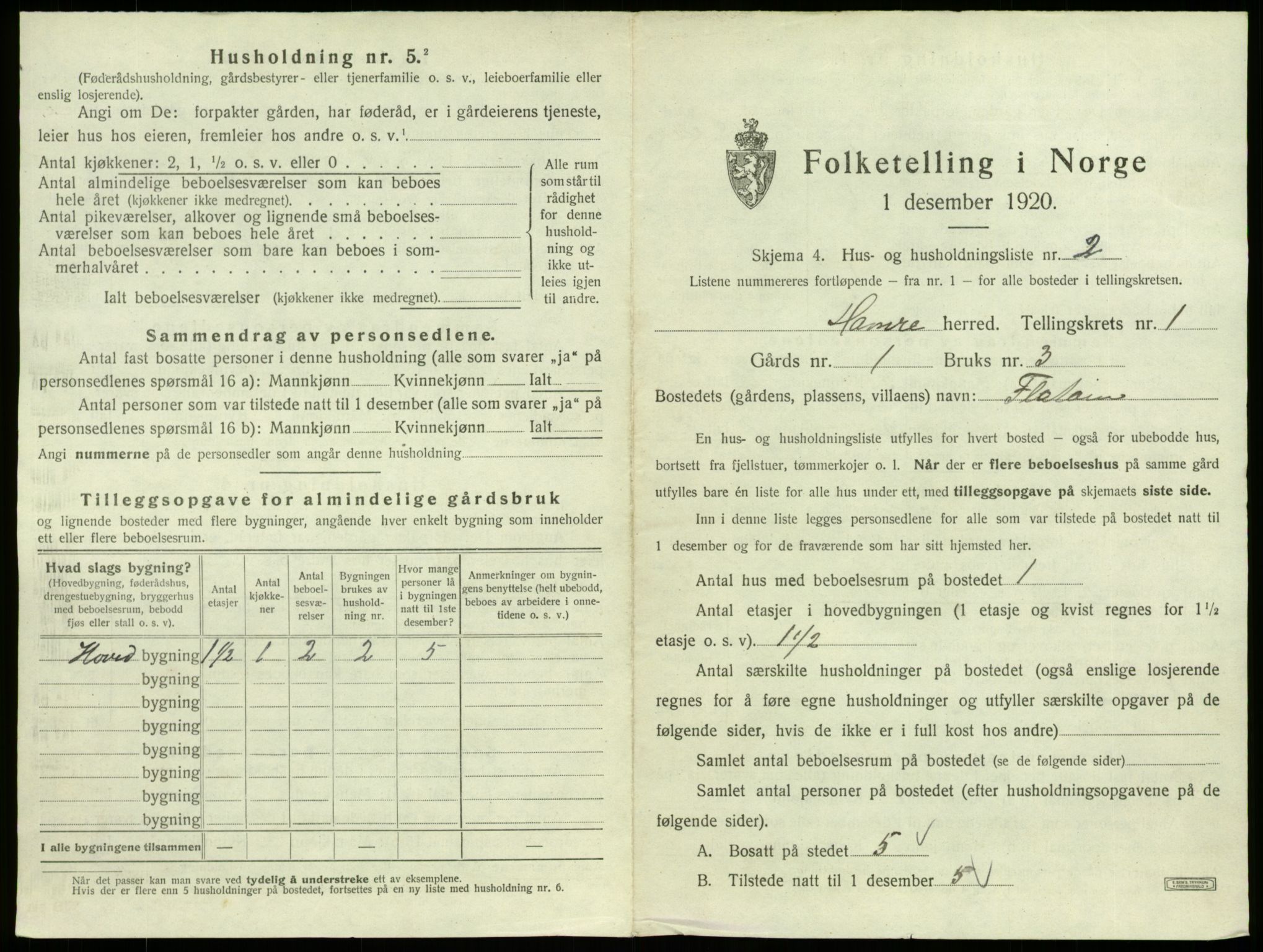 SAB, 1920 census for Hamre, 1920, p. 46