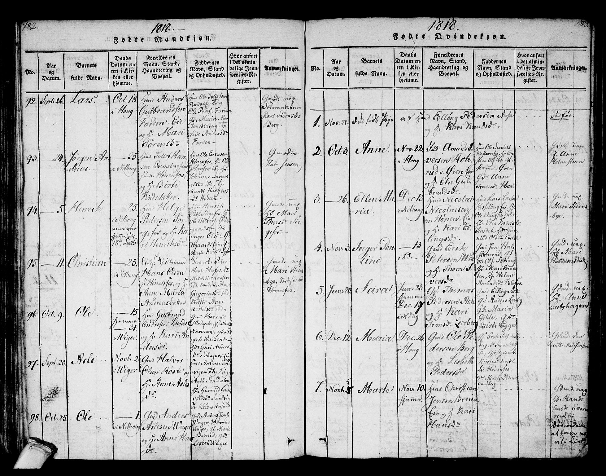 Norderhov kirkebøker, AV/SAKO-A-237/F/Fa/L0008: Parish register (official) no. 8, 1814-1833, p. 182-183