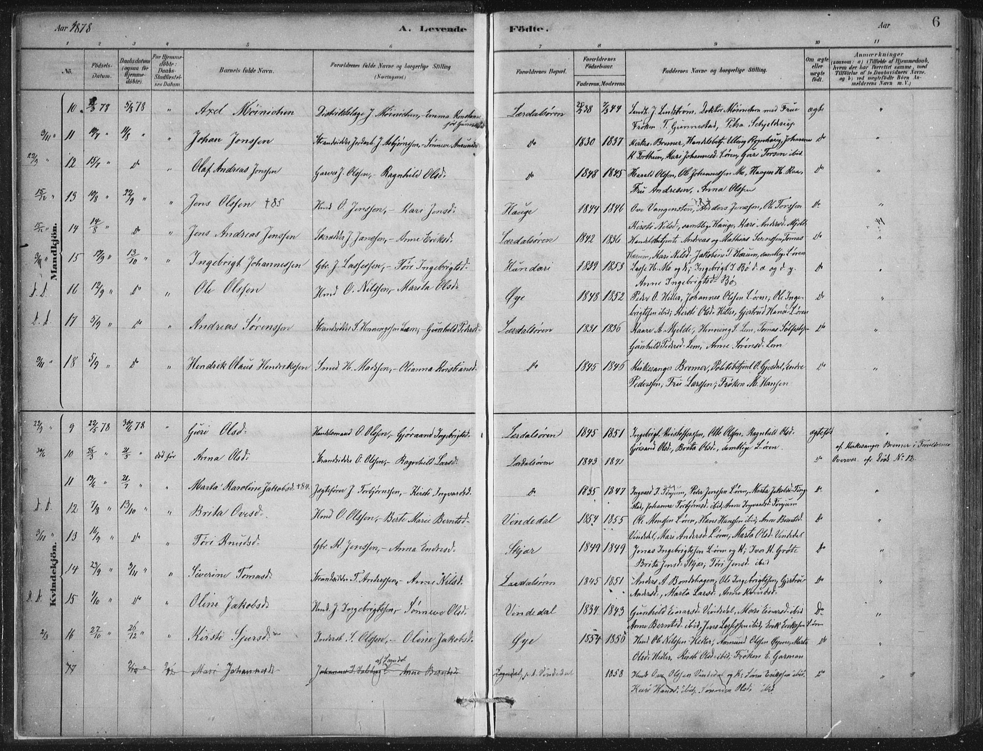 Lærdal sokneprestembete, SAB/A-81201: Parish register (official) no. D  1, 1878-1908, p. 6