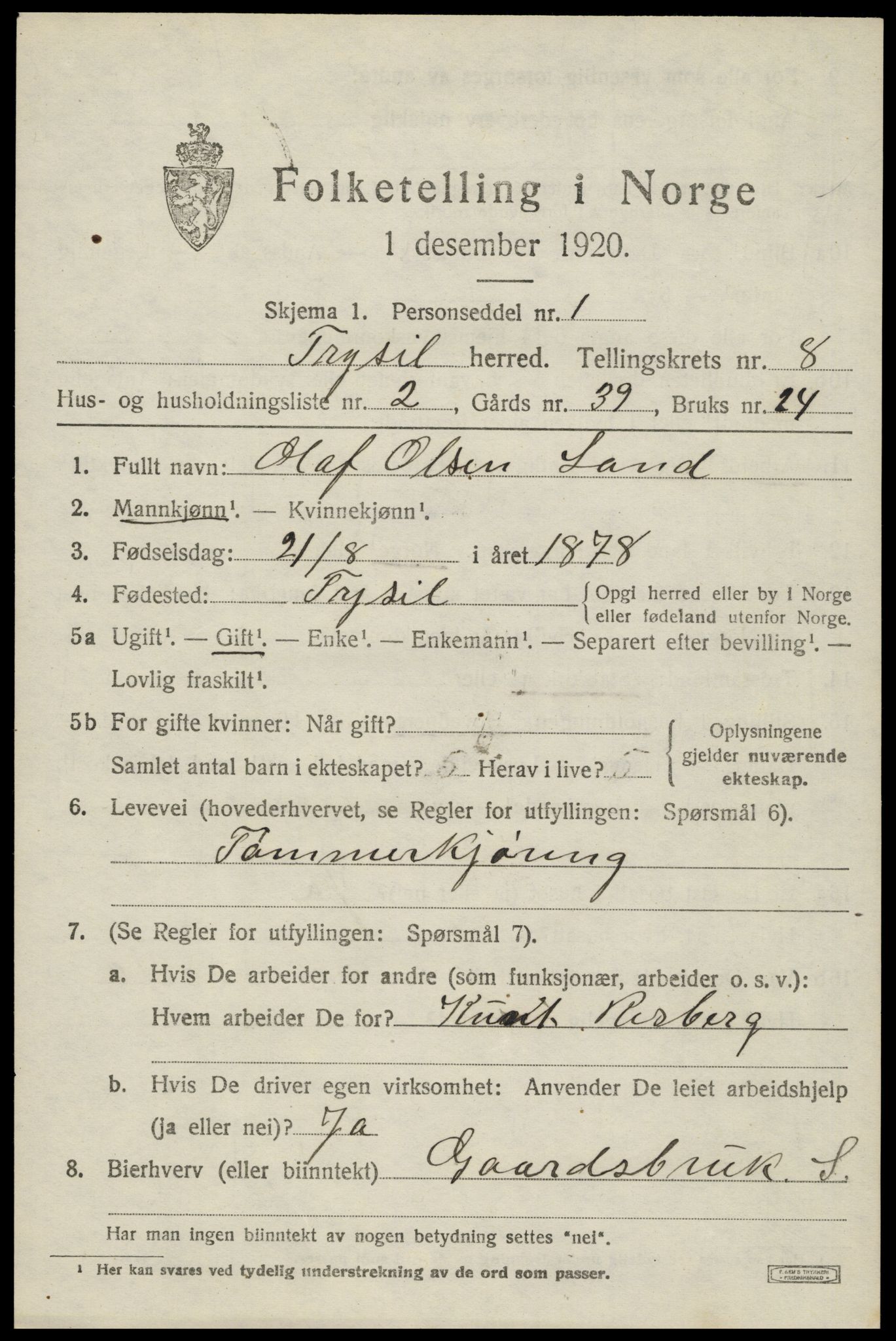 SAH, 1920 census for Trysil, 1920, p. 6233