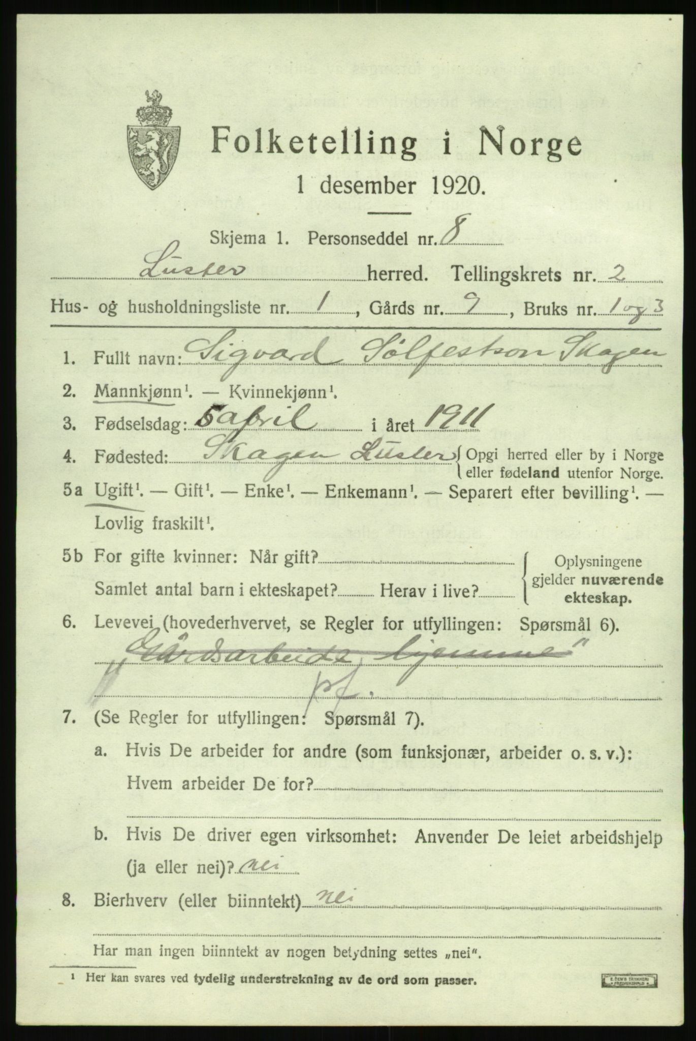 SAB, 1920 census for Luster, 1920, p. 1594