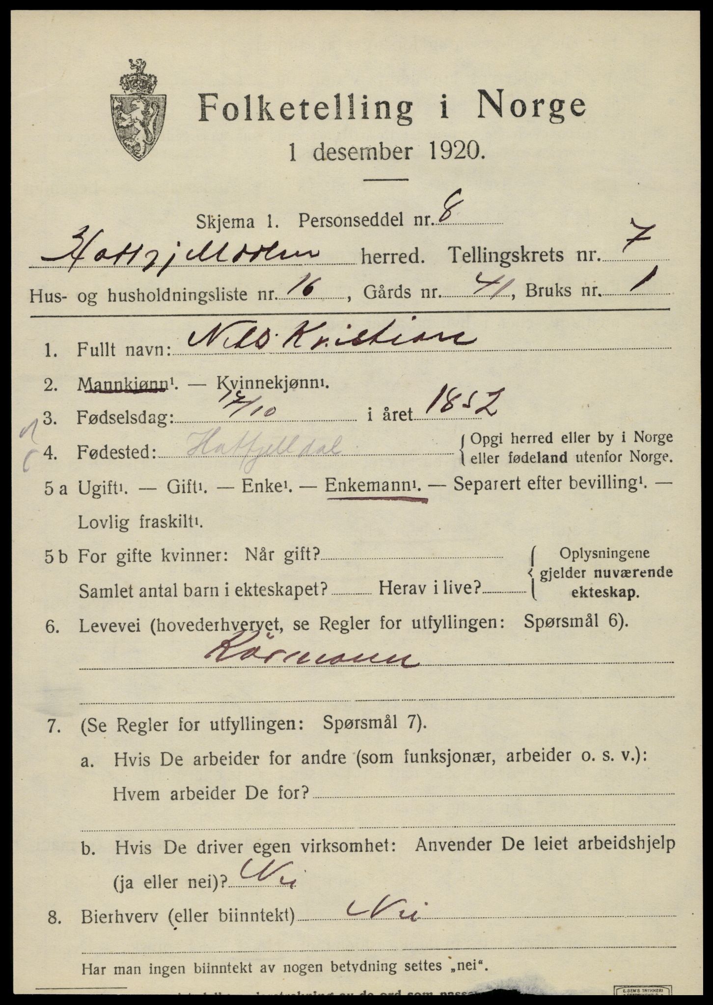 SAT, 1920 census for Hattfjelldal, 1920, p. 1832