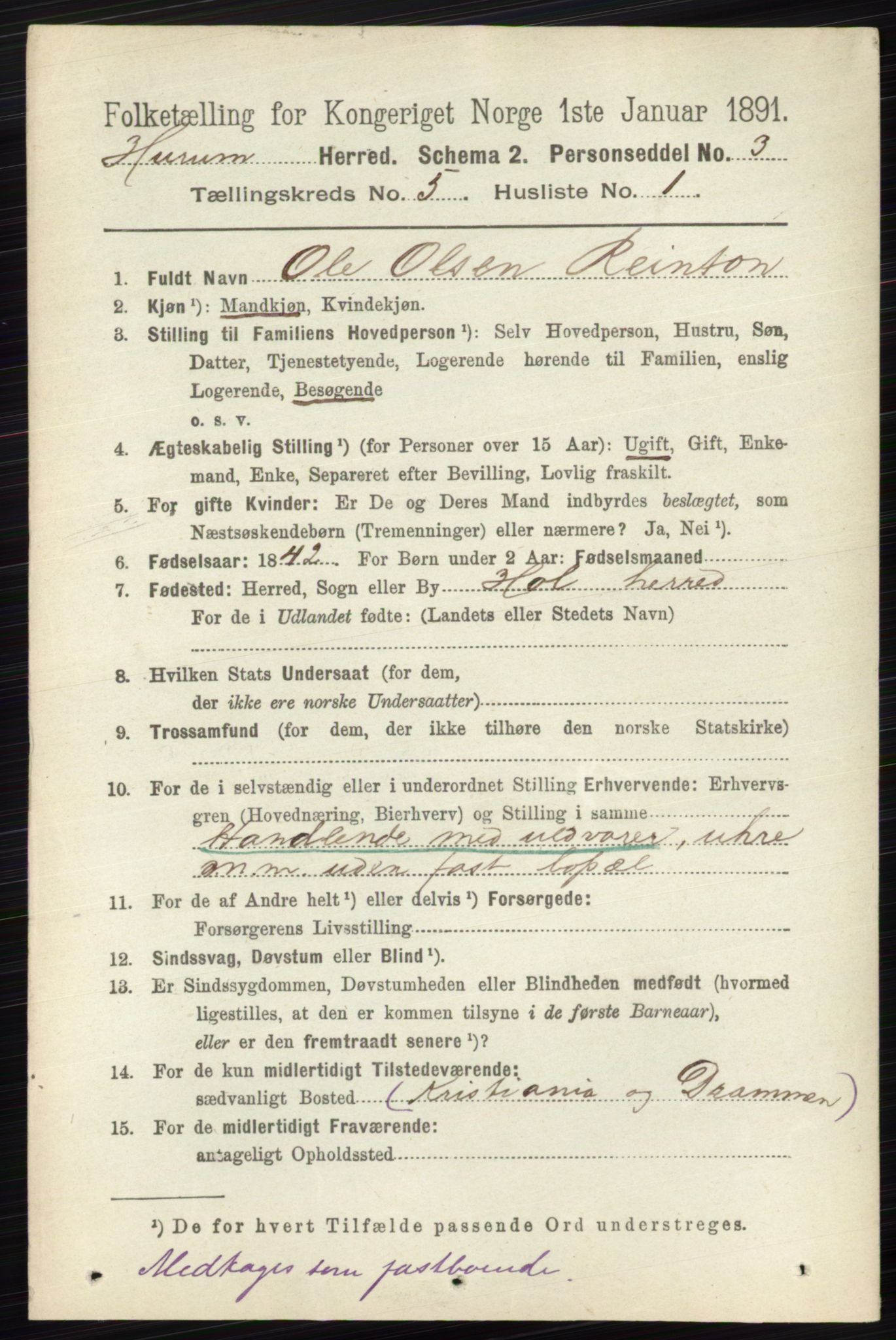 RA, 1891 census for 0628 Hurum, 1891, p. 1401