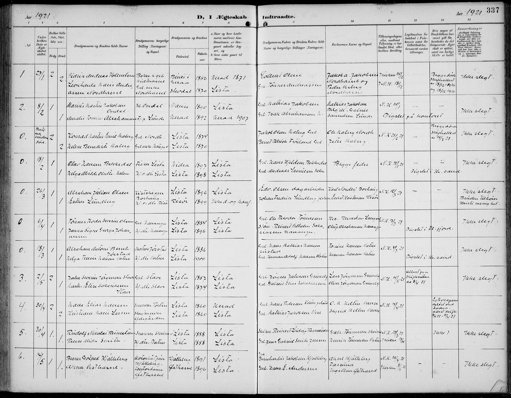 Lista sokneprestkontor, AV/SAK-1111-0027/F/Fb/L0005: Parish register (copy) no. B 5, 1892-1923, p. 337