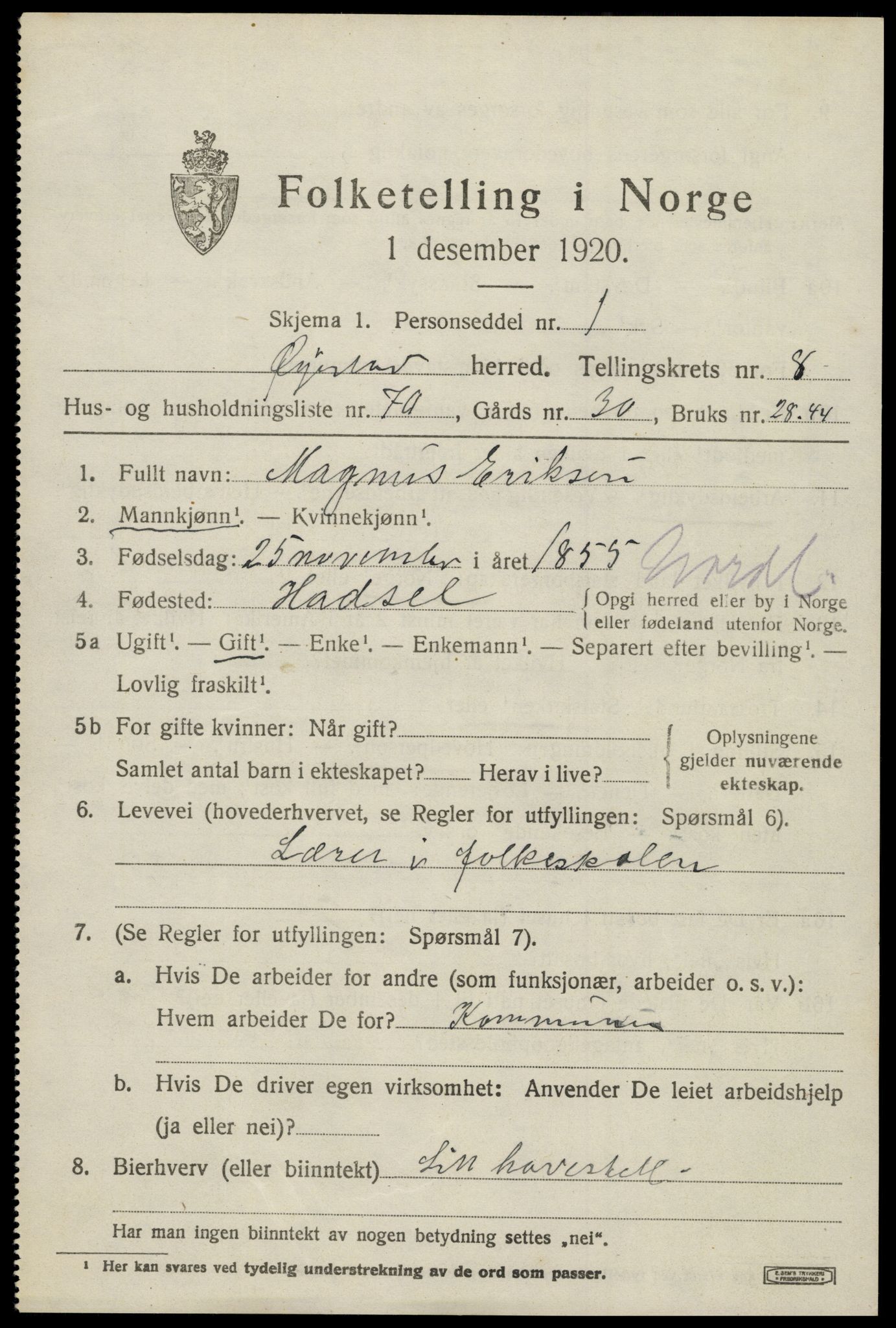 SAK, 1920 census for Øyestad, 1920, p. 5908