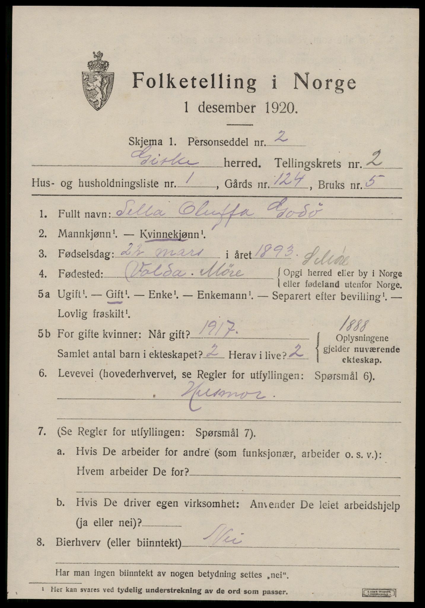 SAT, 1920 census for Giske, 1920, p. 864