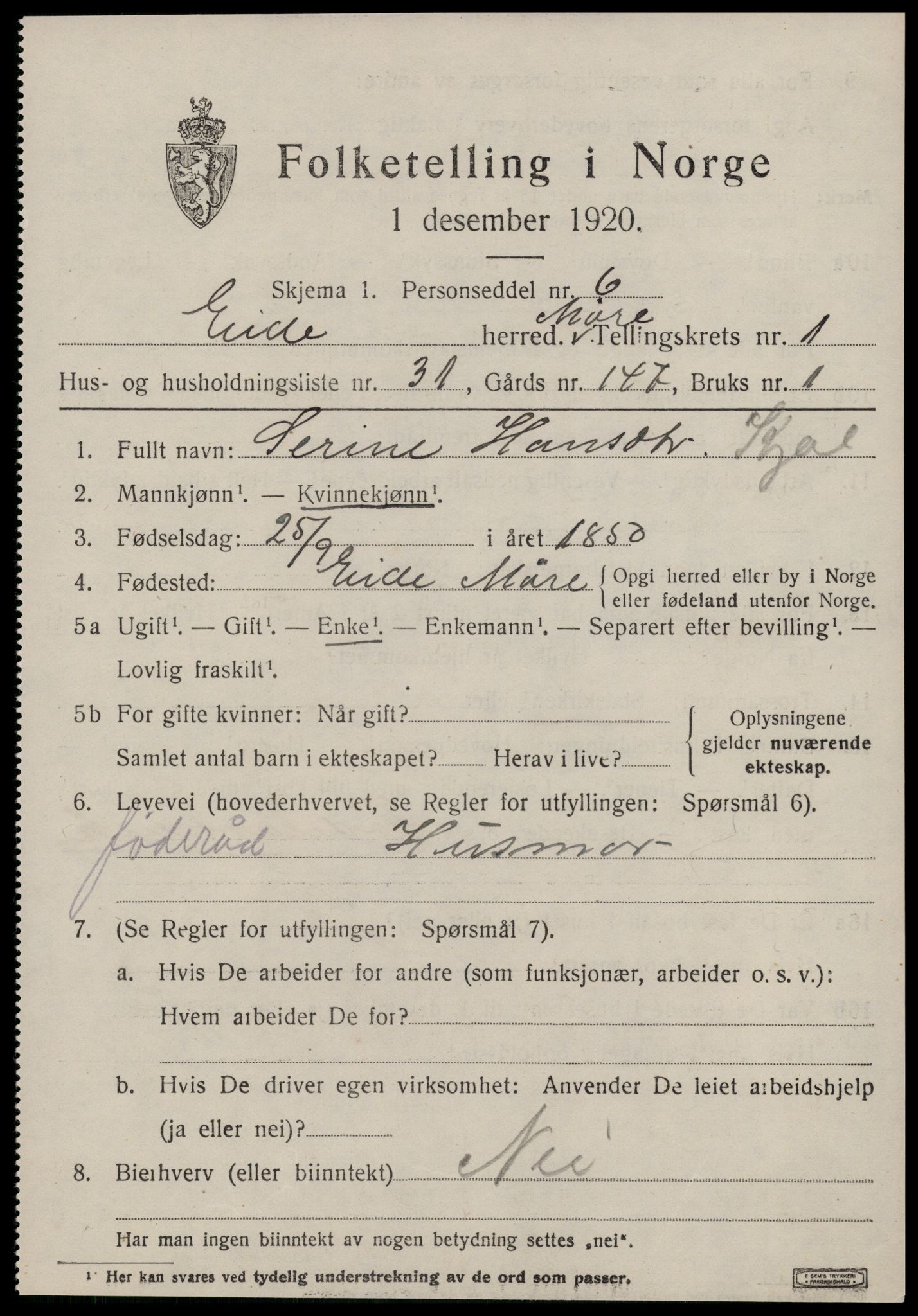 SAT, 1920 census for Eid (MR), 1920, p. 998