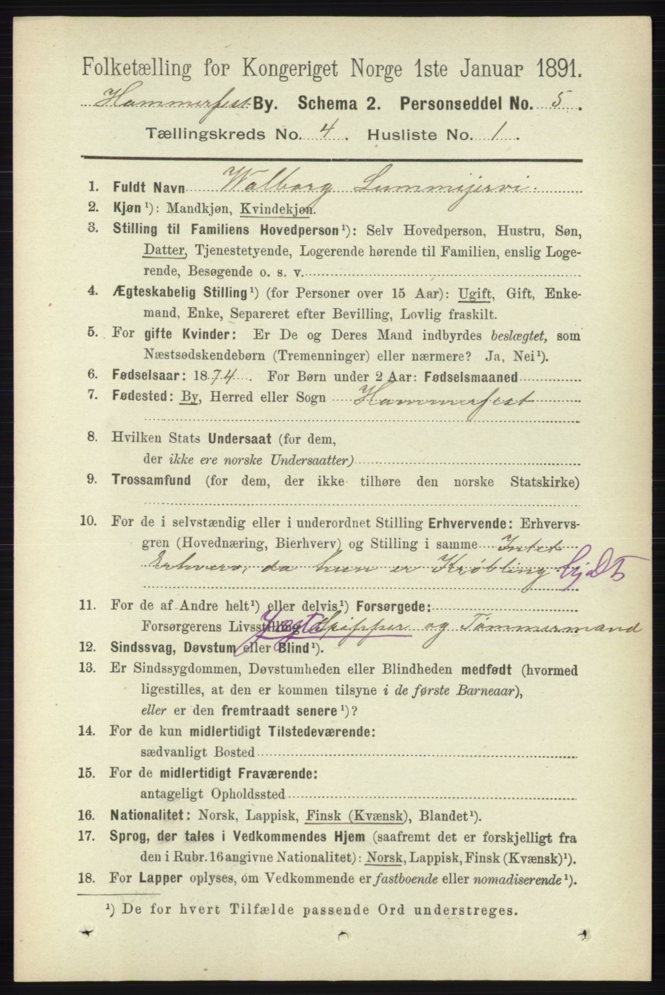 RA, 1891 census for 2001 Hammerfest, 1891, p. 910