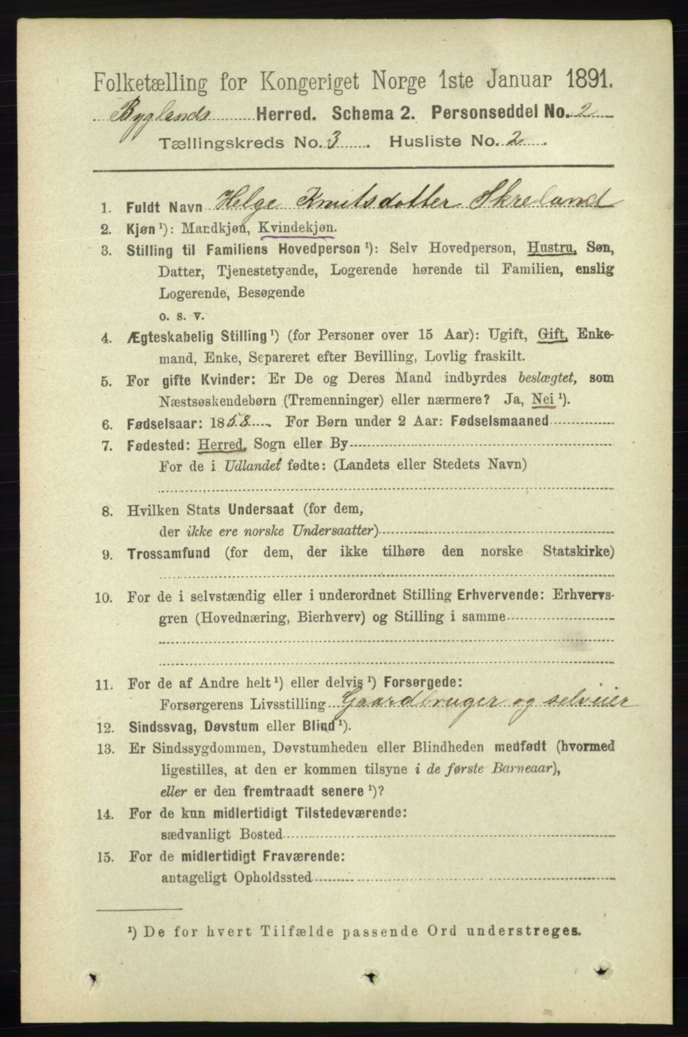 RA, 1891 census for 0938 Bygland, 1891, p. 574