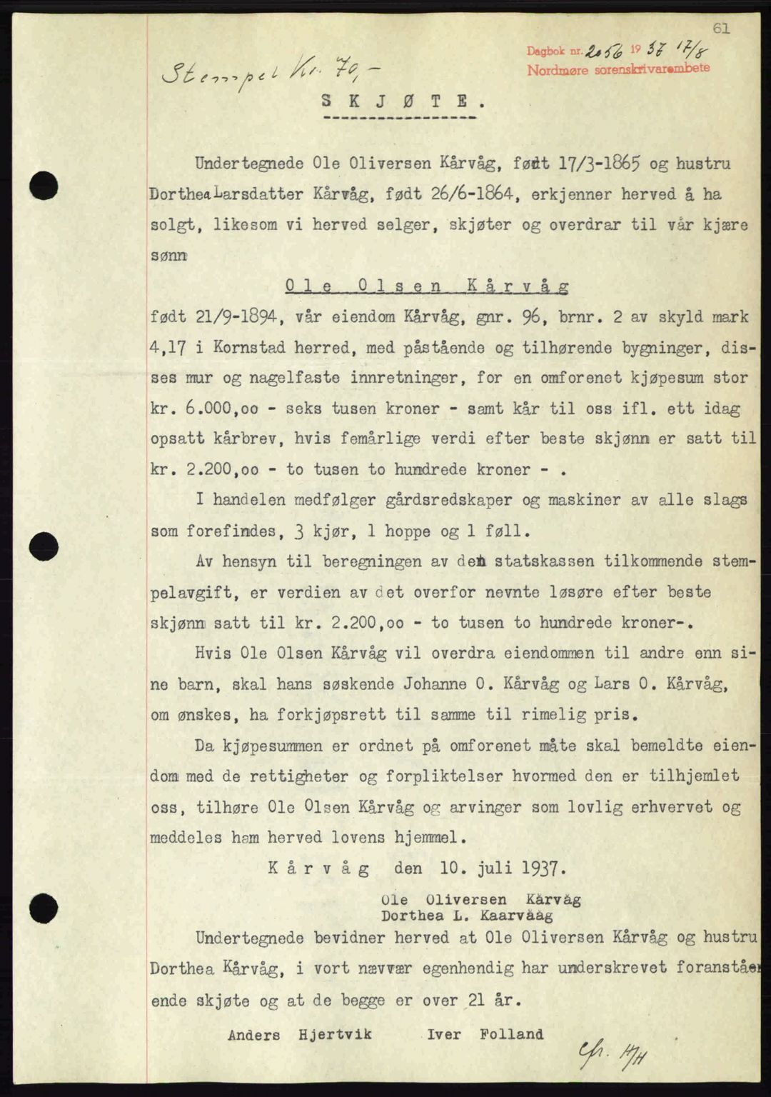 Nordmøre sorenskriveri, AV/SAT-A-4132/1/2/2Ca: Mortgage book no. A82, 1937-1938, Diary no: : 2056/1937