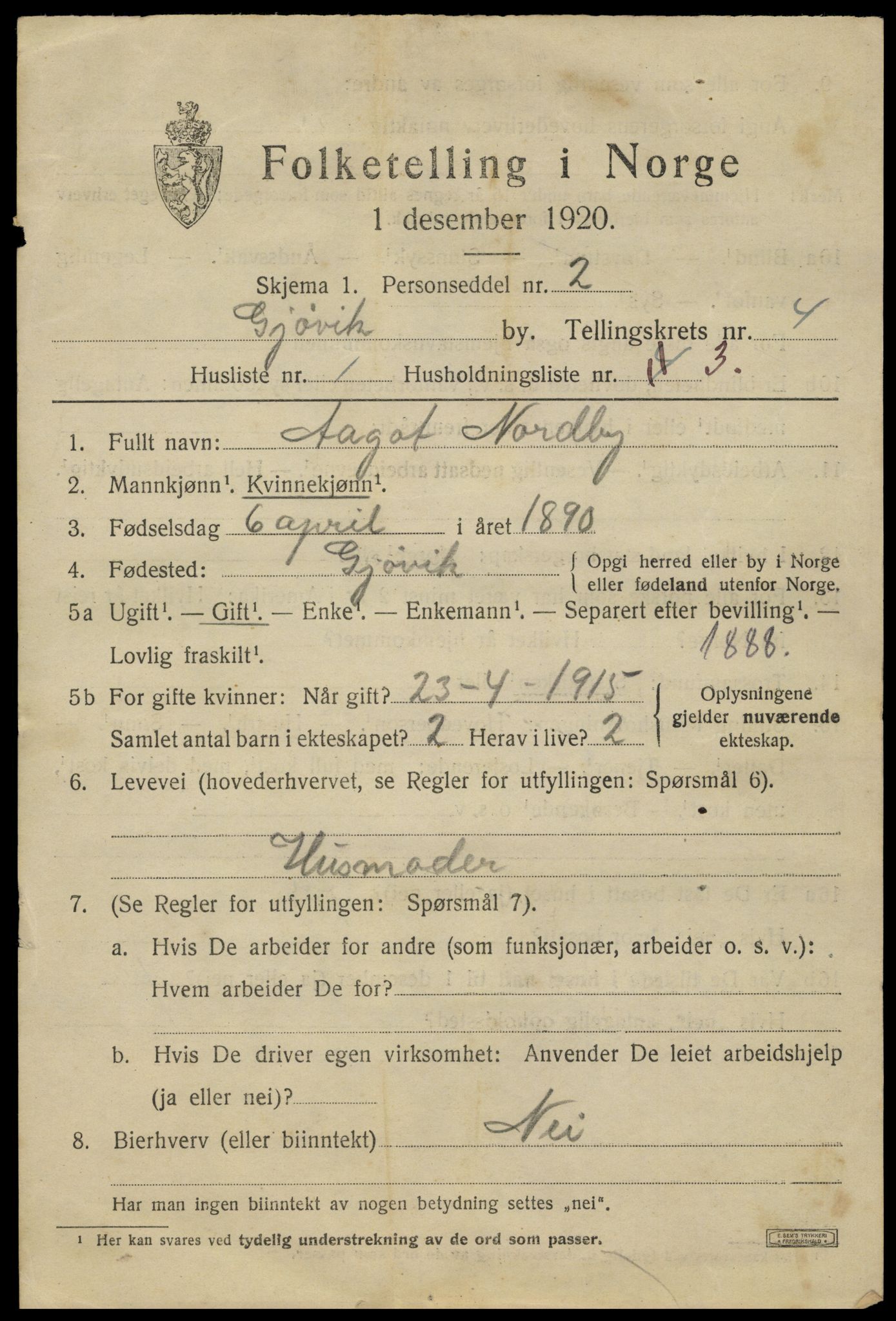 SAH, 1920 census for Gjøvik, 1920, p. 7840