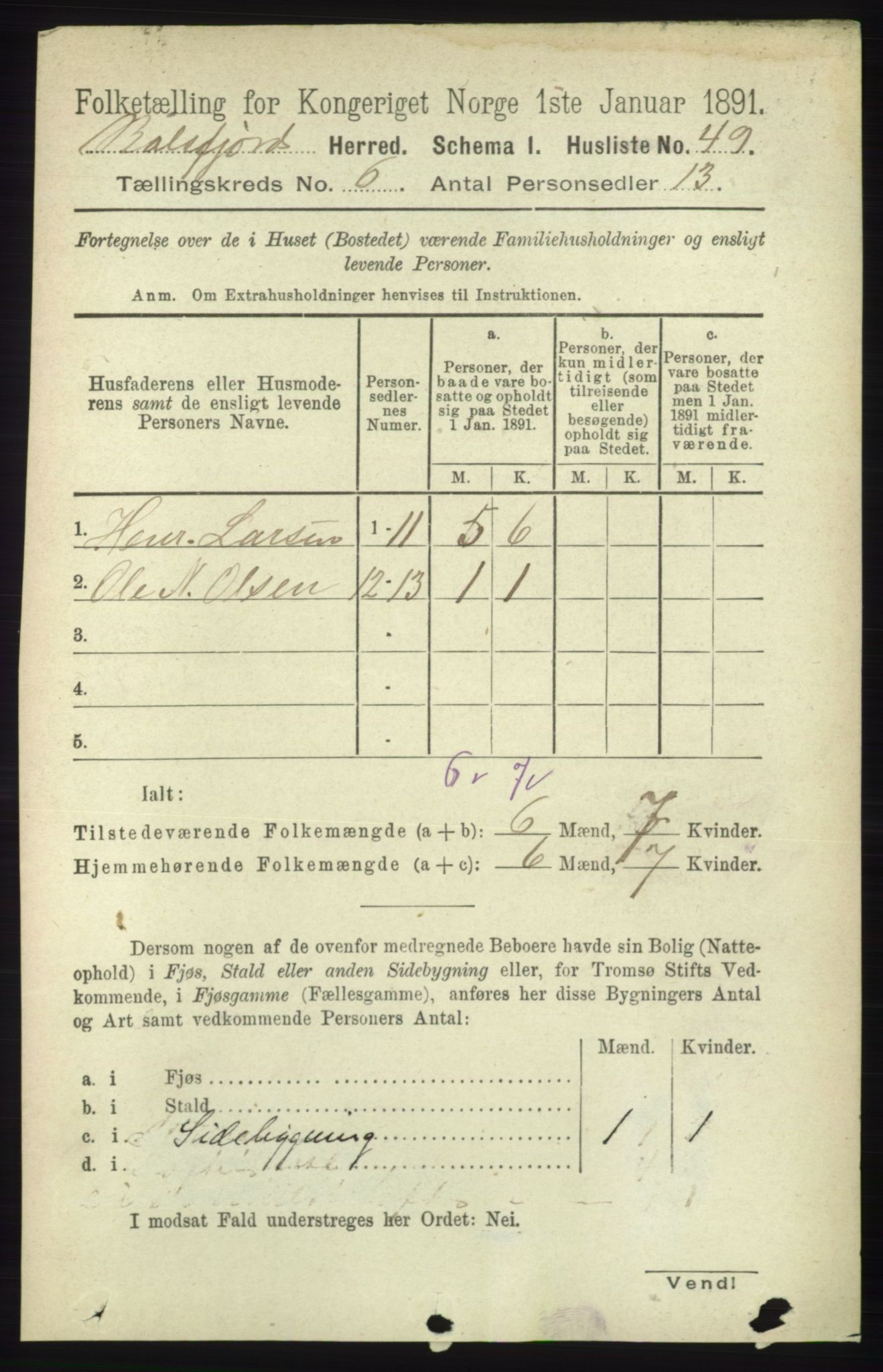 RA, 1891 census for 1933 Balsfjord, 1891, p. 1590