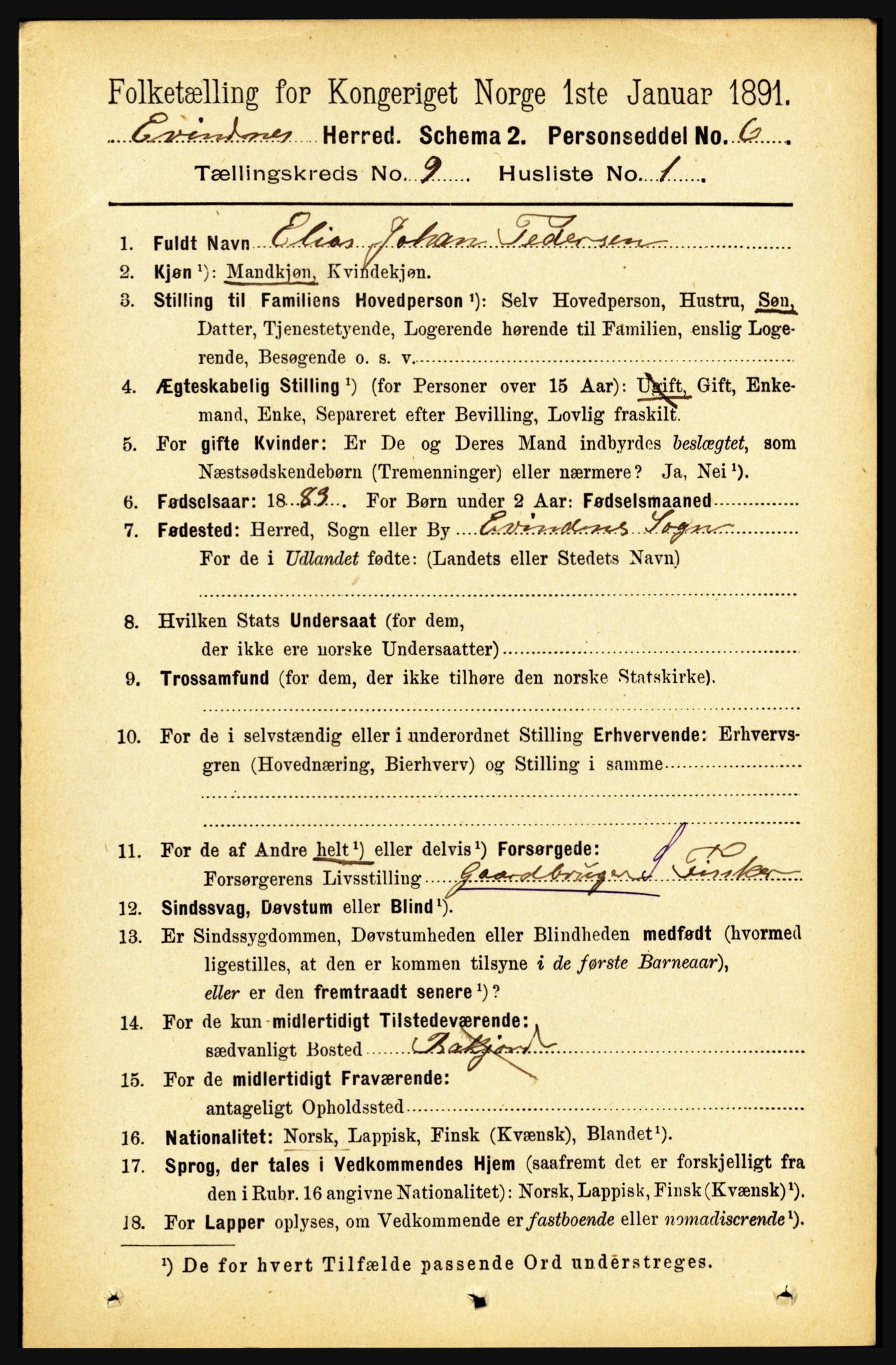 RA, 1891 census for 1853 Evenes, 1891, p. 2808