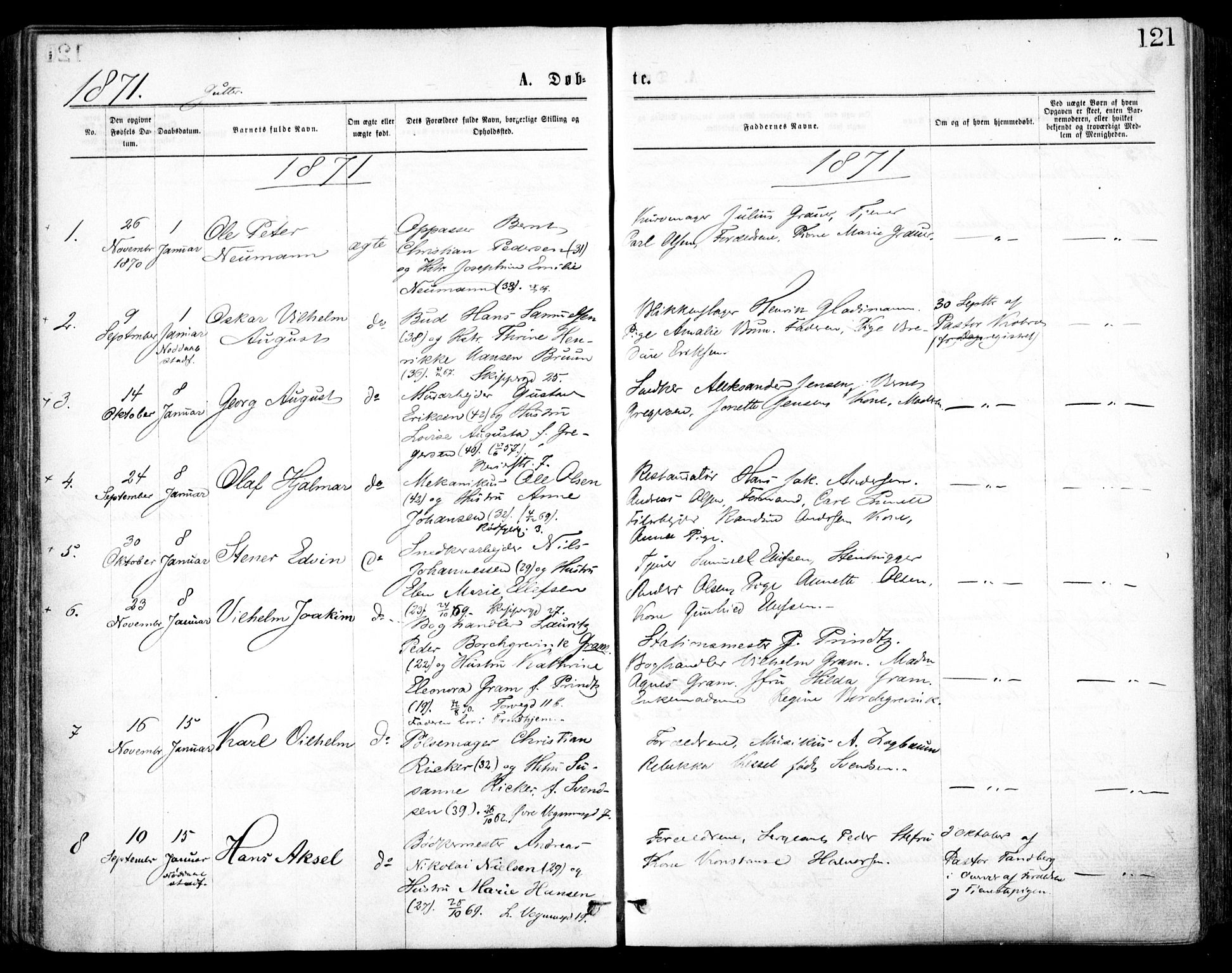 Oslo domkirke Kirkebøker, SAO/A-10752/F/Fa/L0017: Parish register (official) no. 17, 1869-1878, p. 121