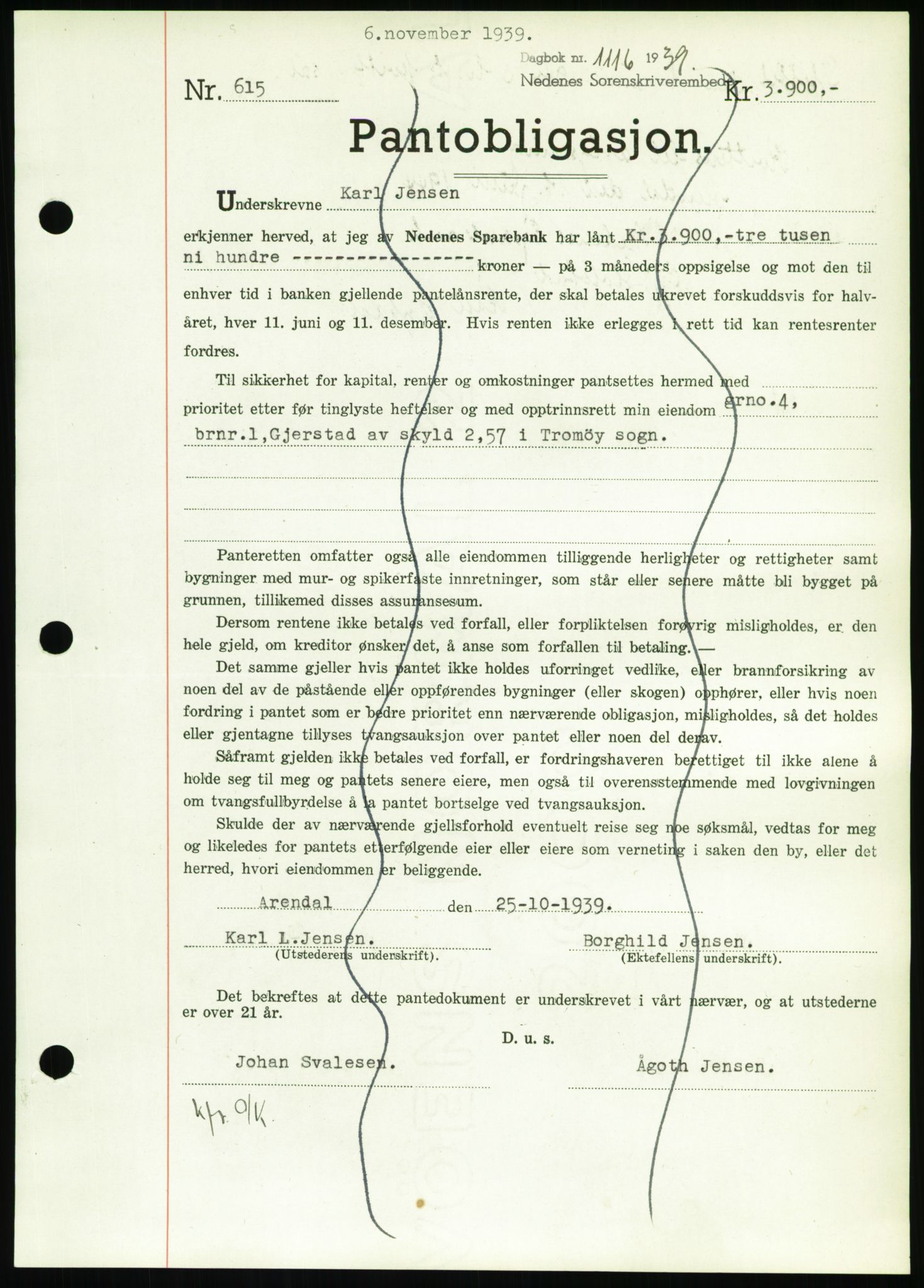 Nedenes sorenskriveri, AV/SAK-1221-0006/G/Gb/Gbb/L0001: Mortgage book no. I, 1939-1942, Diary no: : 1116/1939