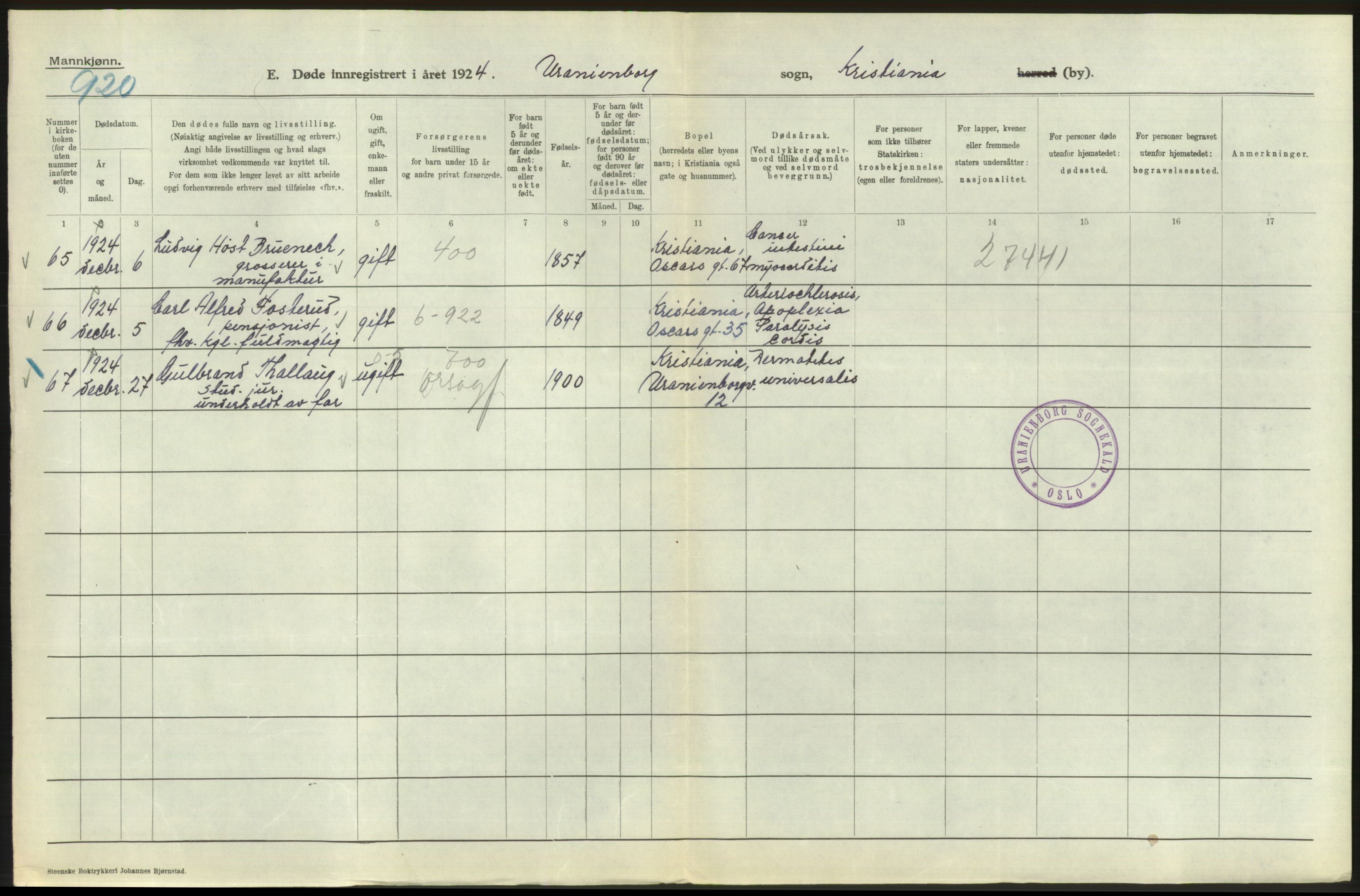 Statistisk sentralbyrå, Sosiodemografiske emner, Befolkning, AV/RA-S-2228/D/Df/Dfc/Dfcd/L0008: Kristiania: Døde menn, 1924, p. 126