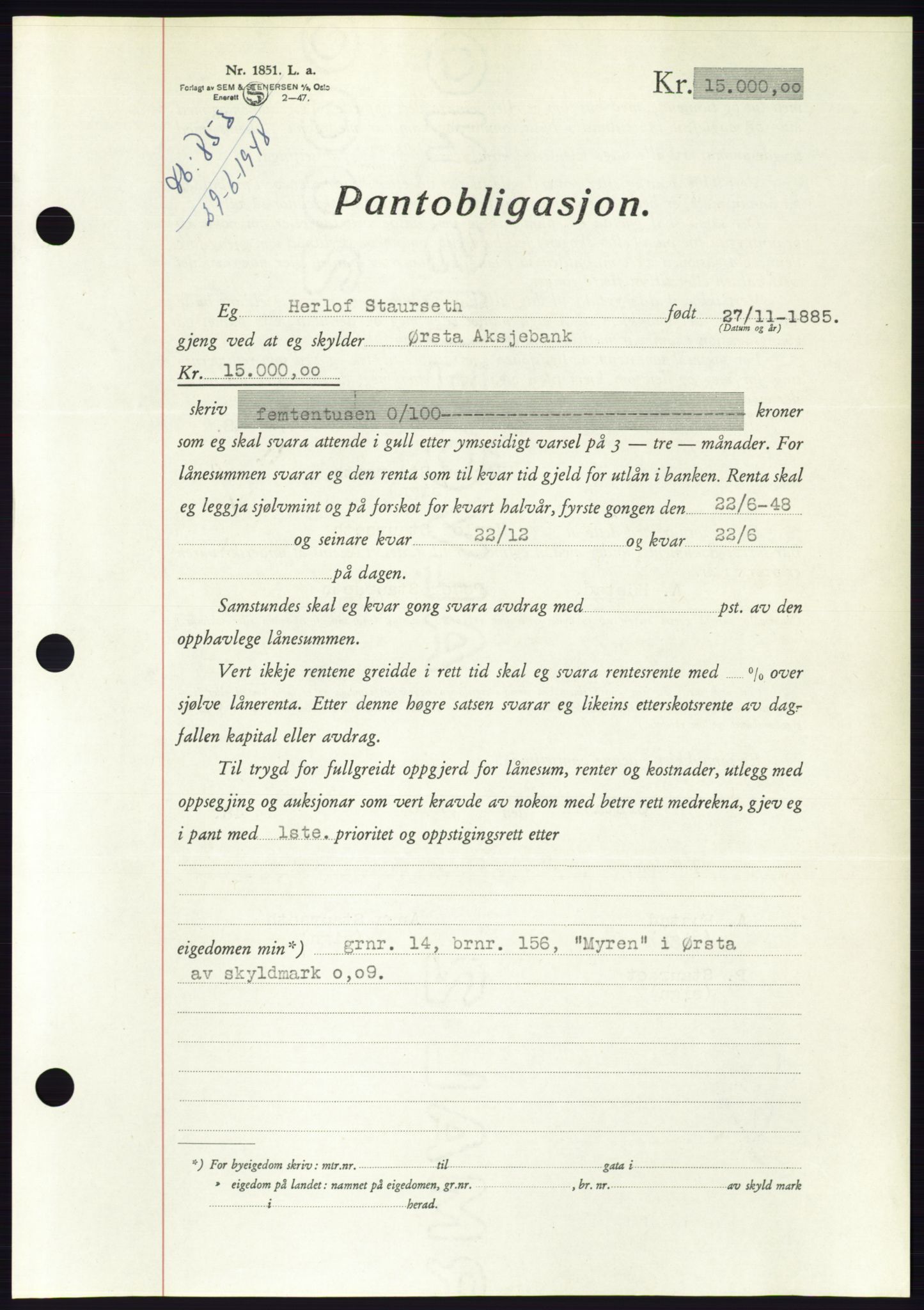 Søre Sunnmøre sorenskriveri, AV/SAT-A-4122/1/2/2C/L0116: Mortgage book no. 4B, 1948-1949, Diary no: : 853/1948