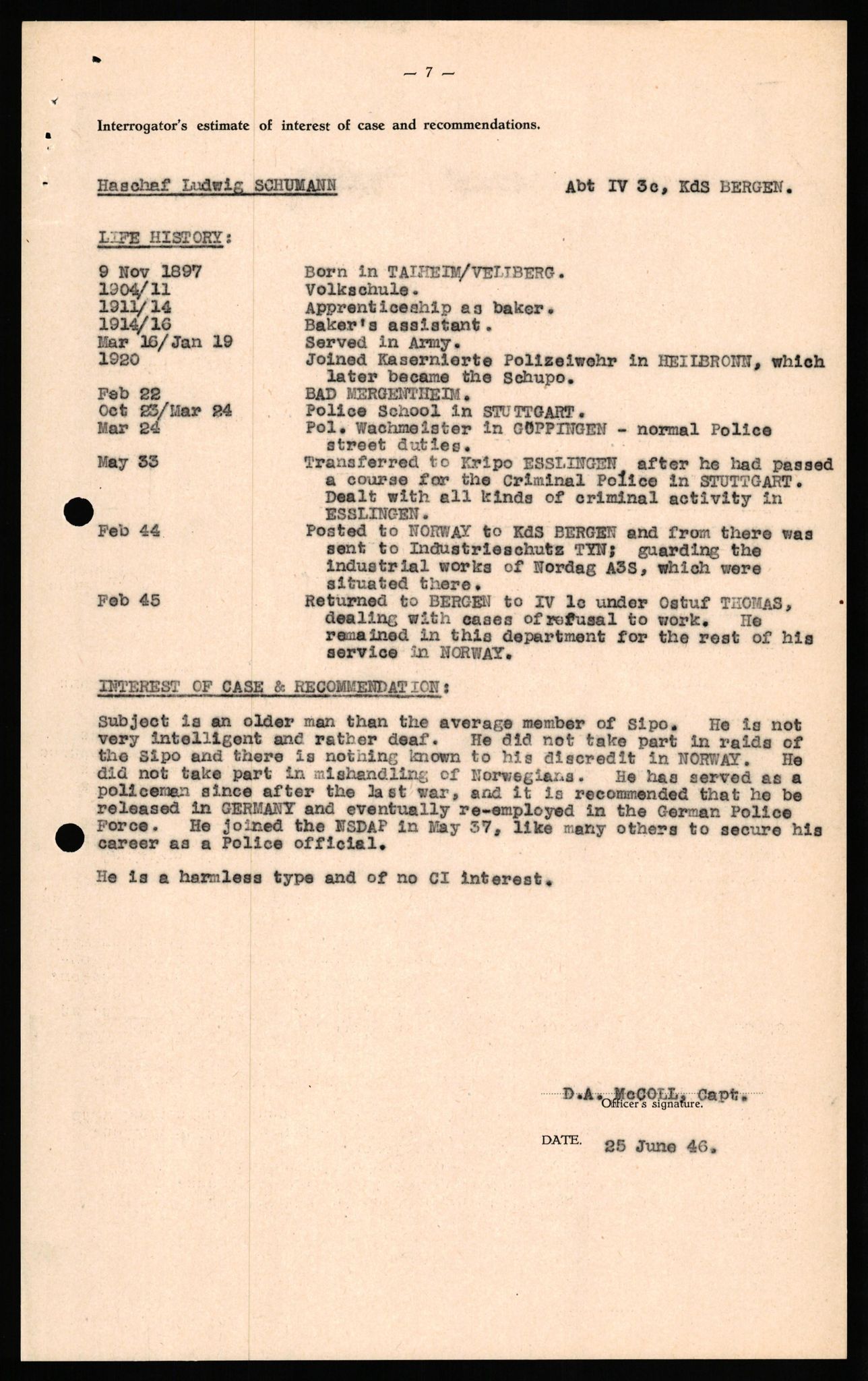 Forsvaret, Forsvarets overkommando II, AV/RA-RAFA-3915/D/Db/L0030: CI Questionaires. Tyske okkupasjonsstyrker i Norge. Tyskere., 1945-1946, p. 477