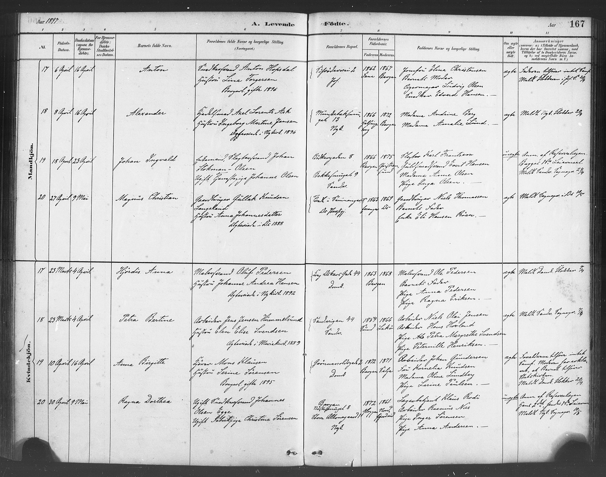 Fødselsstiftelsens sokneprestembete*, SAB/-: Parish register (official) no. A 2, 1884-1900, p. 167