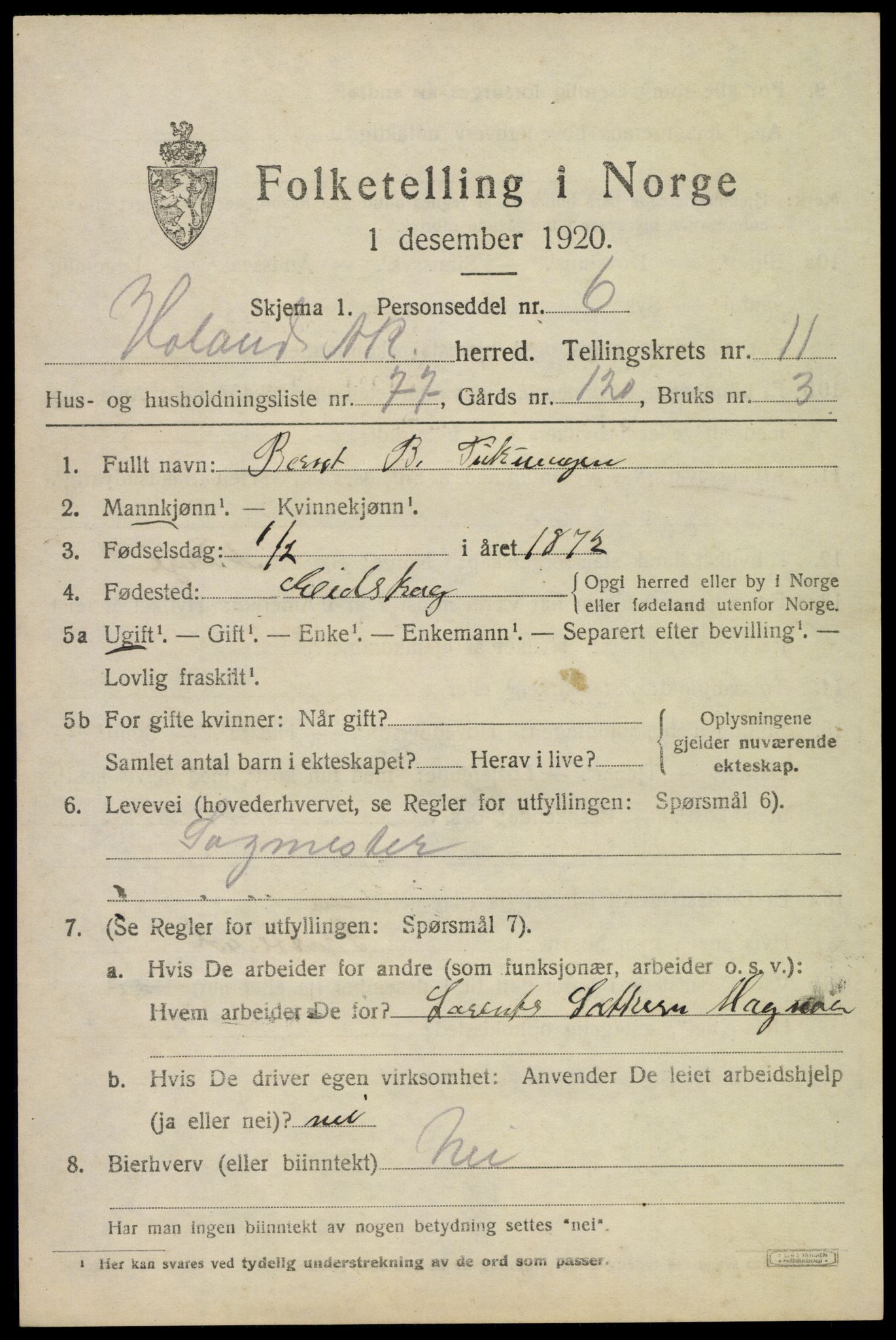 SAO, 1920 census for Høland, 1920, p. 11625