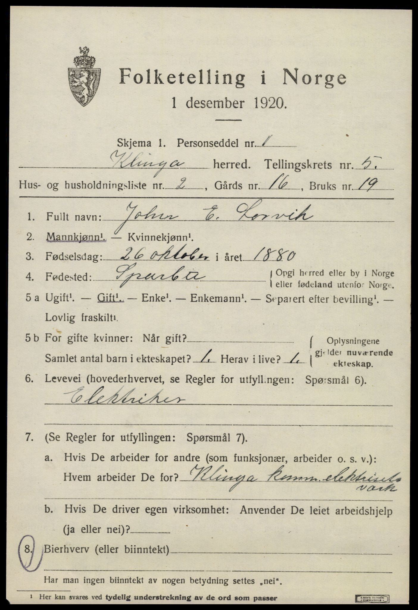 SAT, 1920 census for Klinga, 1920, p. 2865